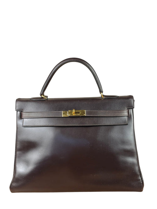 Hermes Brown Box Leather Retourne Kelly 35 1979