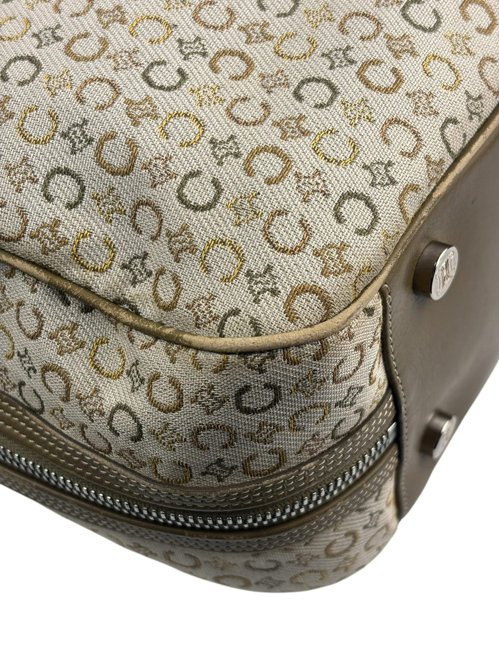 Celine Beige/Green Leather Trim Macadam Handbag