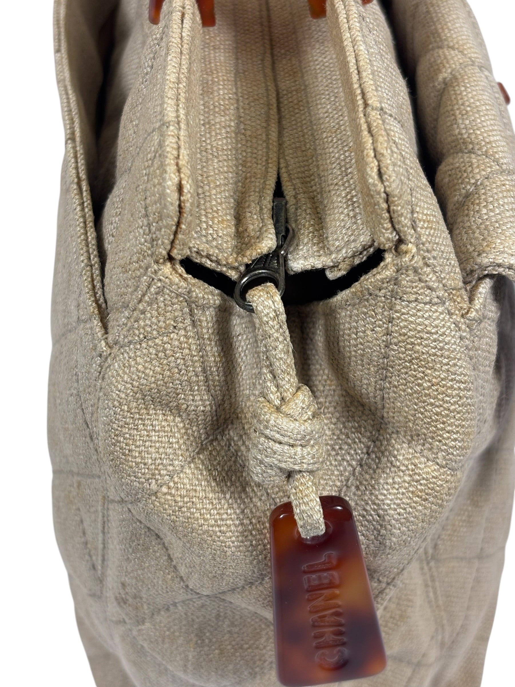 Chanel Vintage Beige Quilted Denim  Tortoise Tote 1996