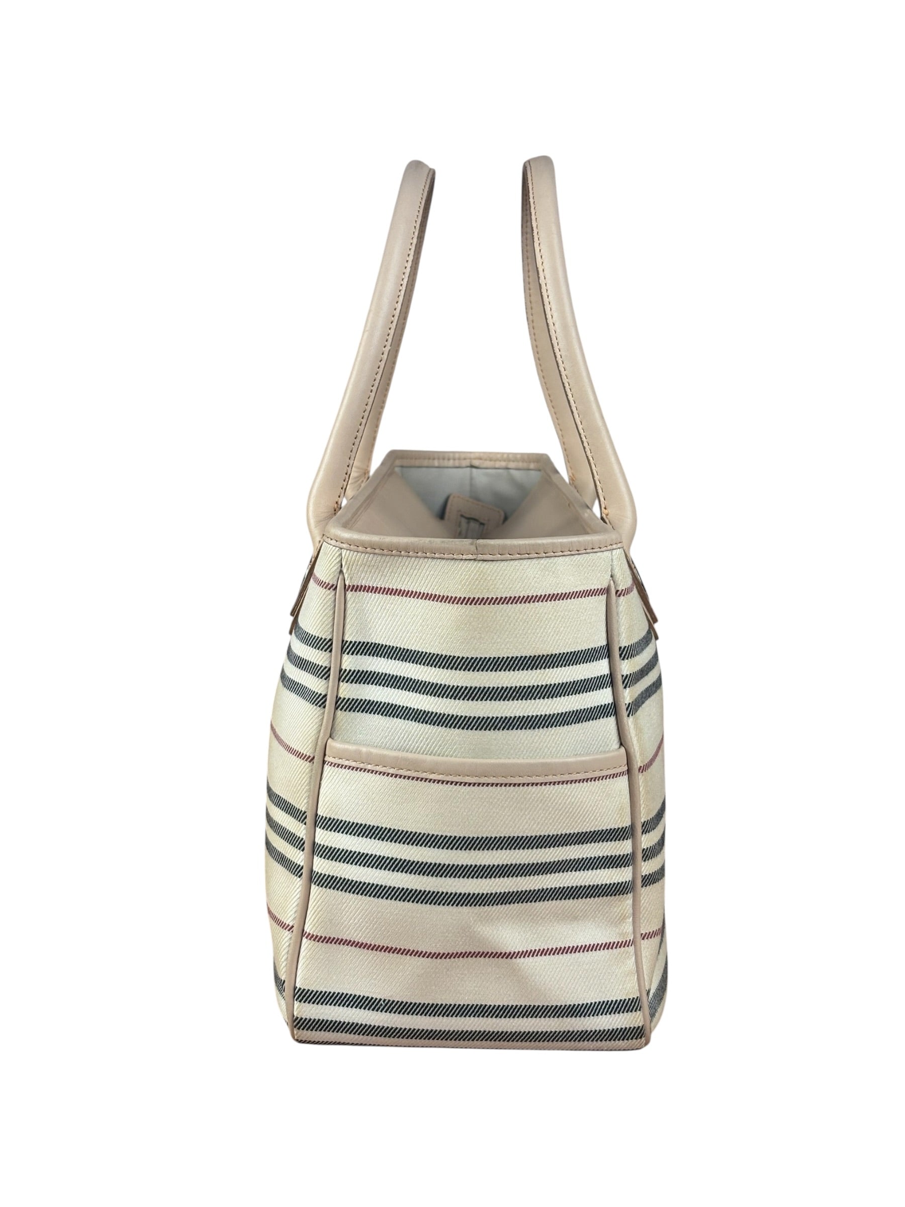 Burberry Multi-Color Leather Trim Striped Canvas Tote Bag