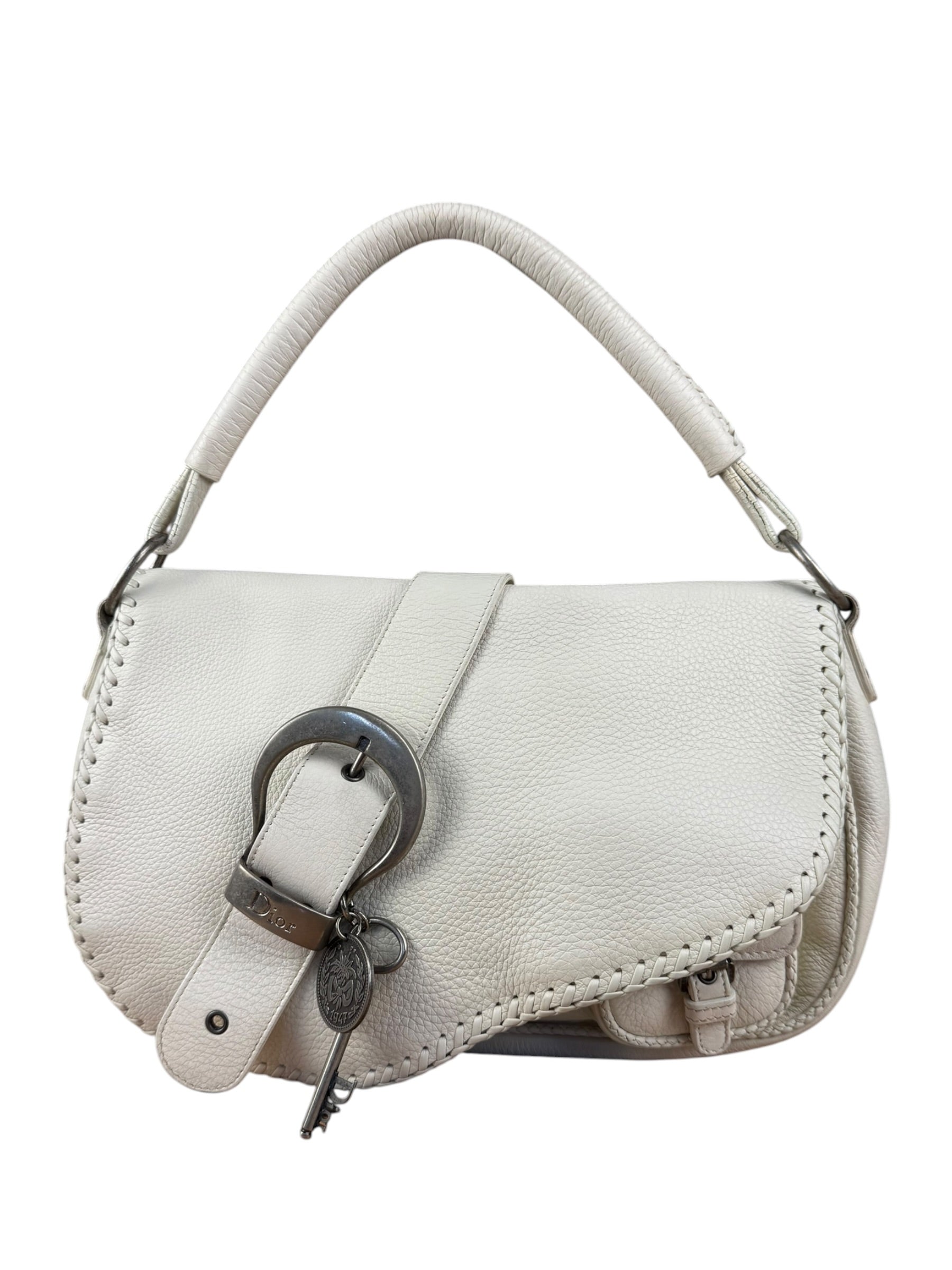 Christian Dior White Leather Gaucho Double Saddle Shoulder Bag