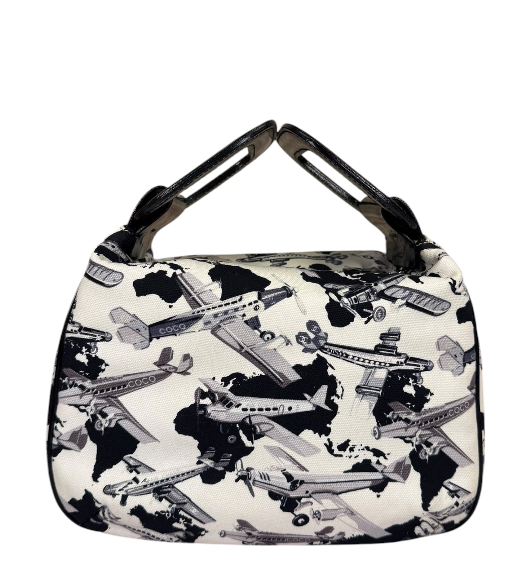 Chanel White/Black Patent Leather Trim Airplane CC Handle Bag 2005