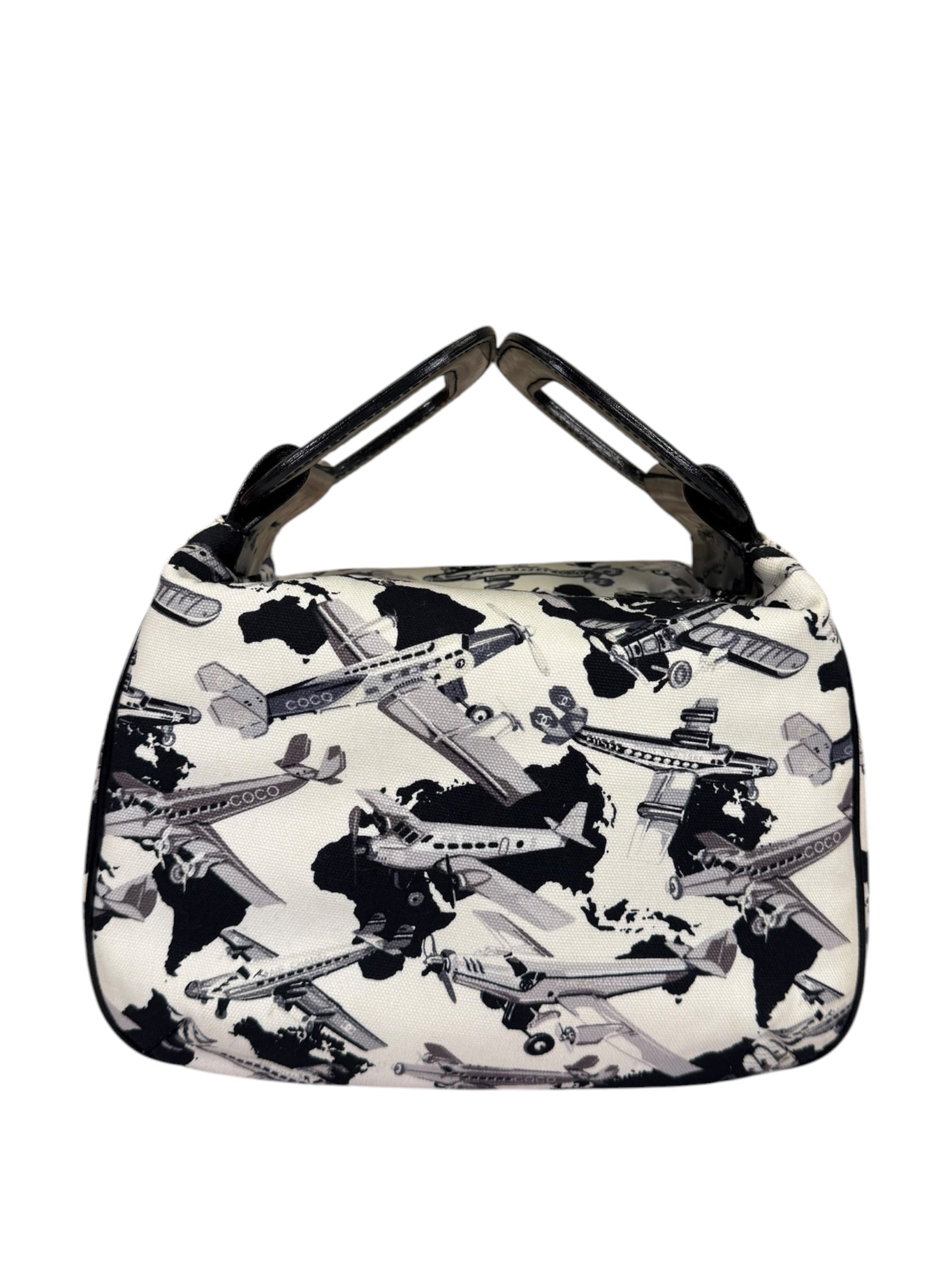 Chanel White/Black Patent Leather Trim Airplane CC Handle Bag 2005