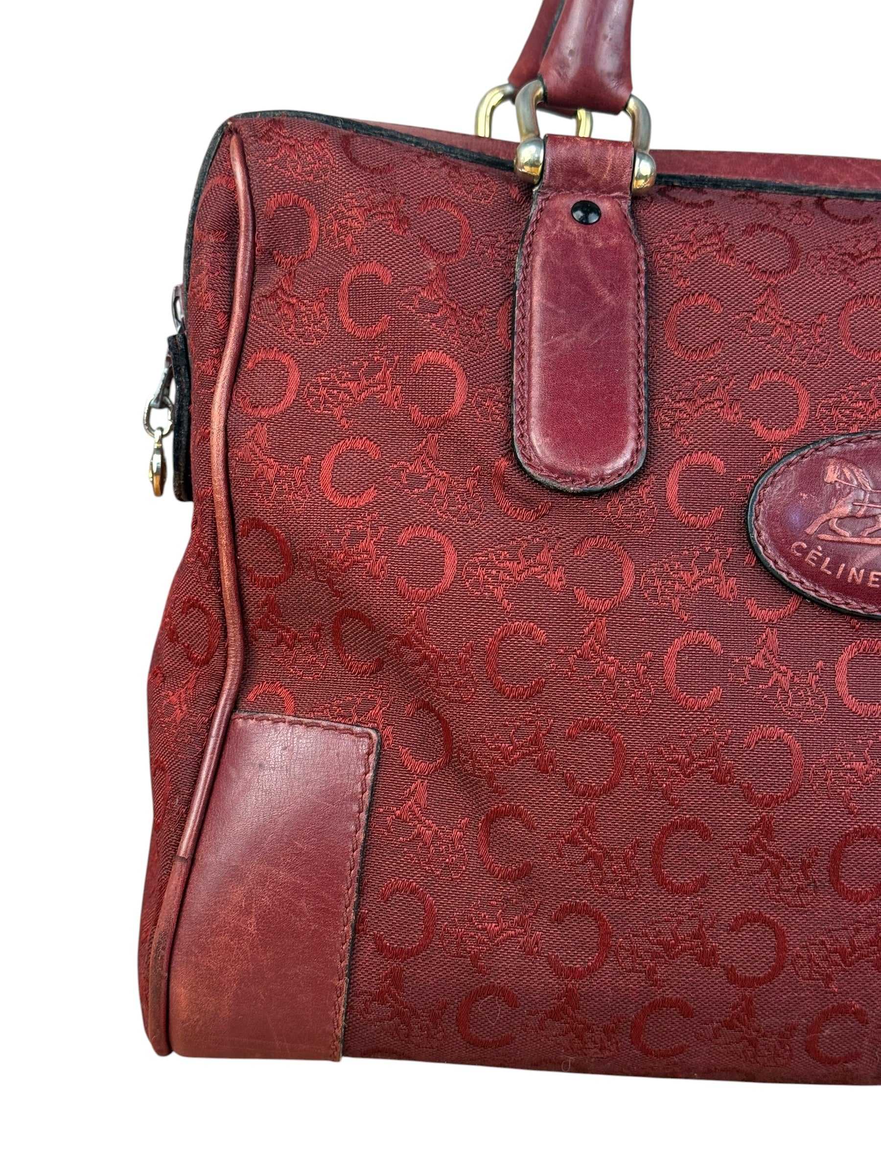 Celine Vintage Burgundy Macadam Print Mini Boston Handbag