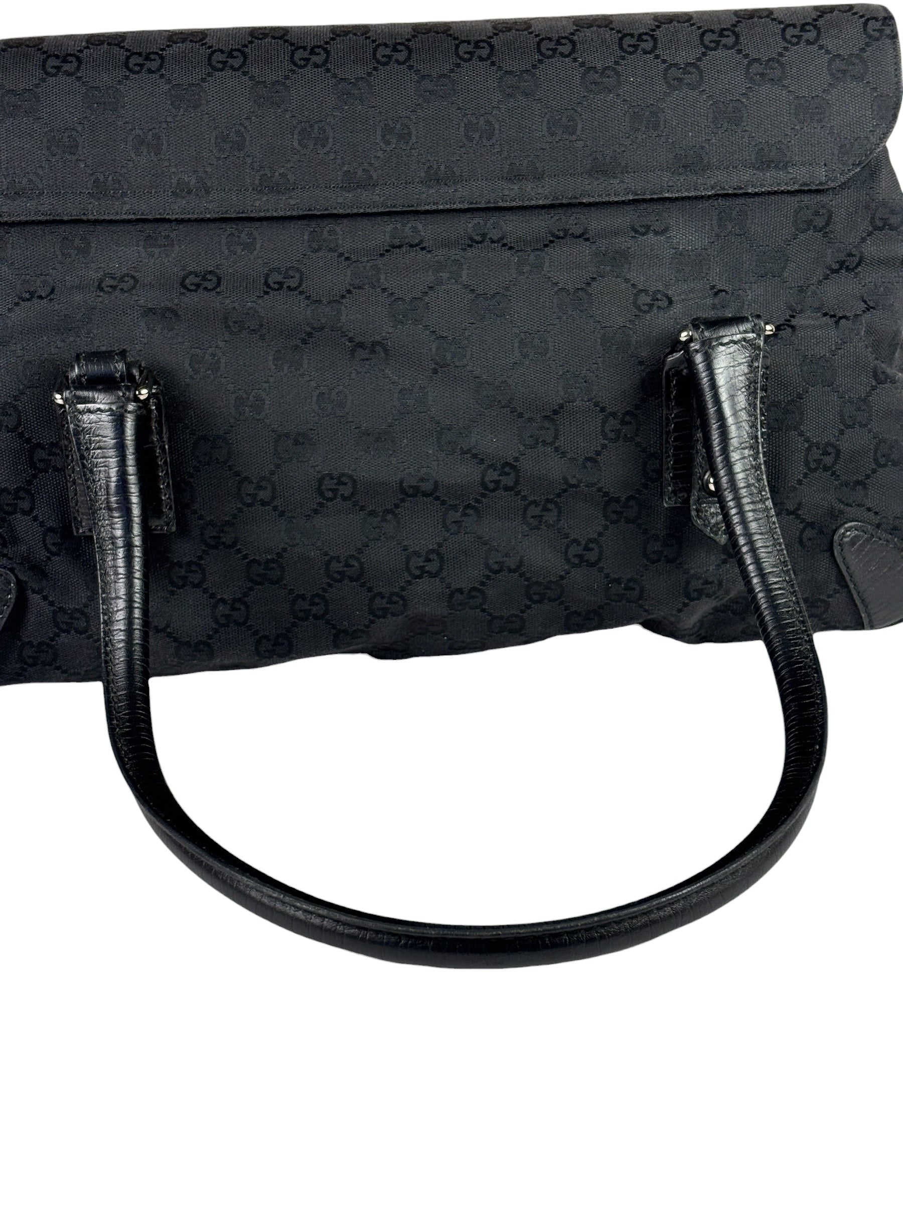Gucci Black Leather Trim GG Horsebit Shoulder Bag