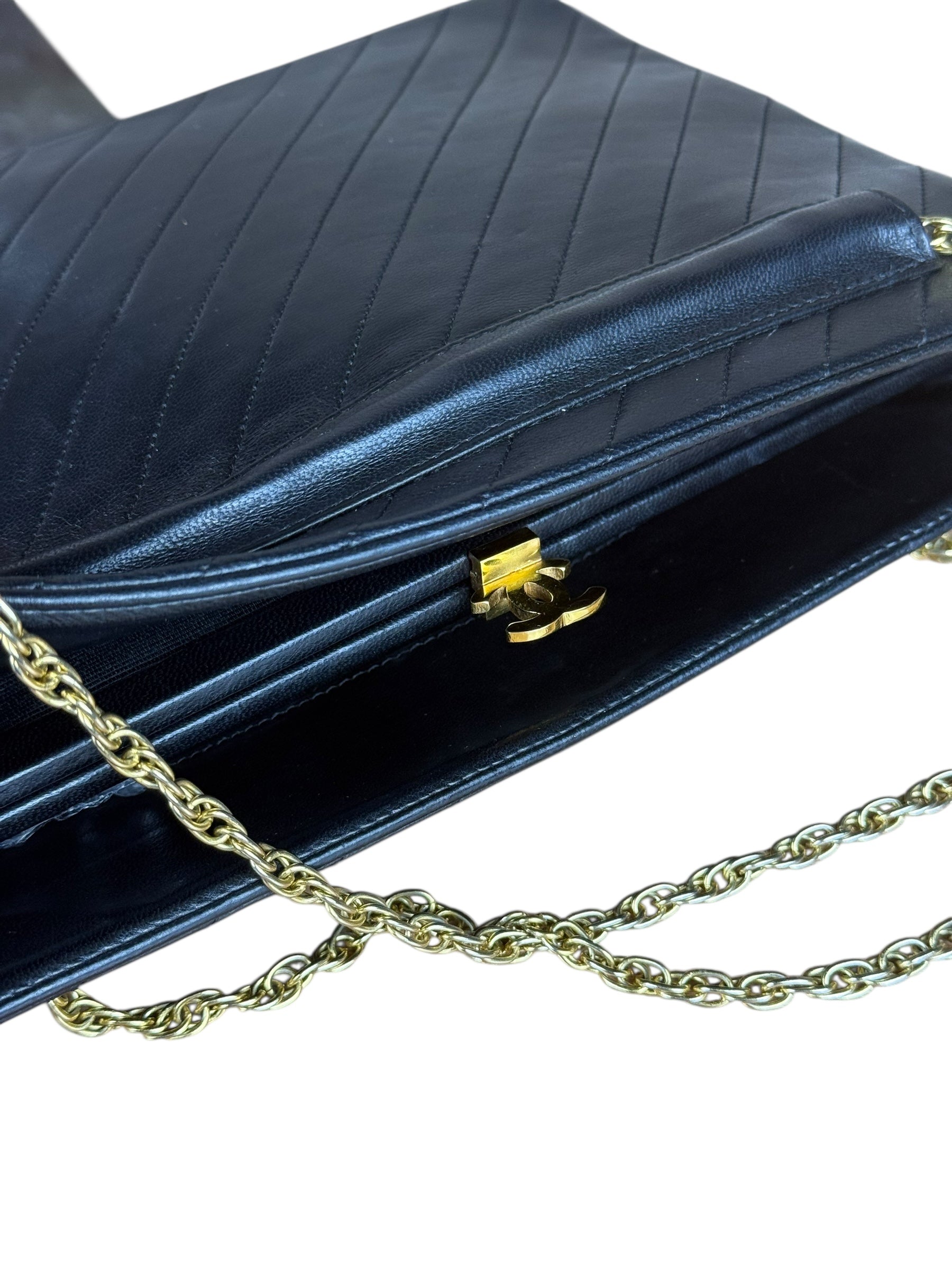 Chanel Vintage Black Chevron Leather Chain Bag