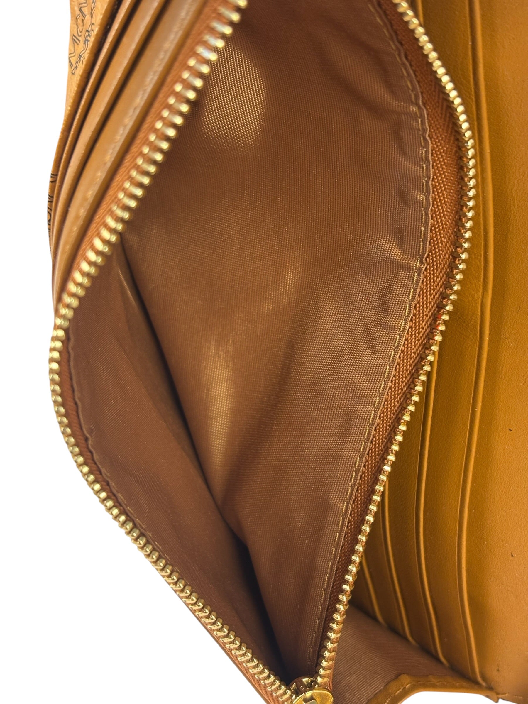 MCM Brown Leather Monogram Studded Long Wallet On Chain
