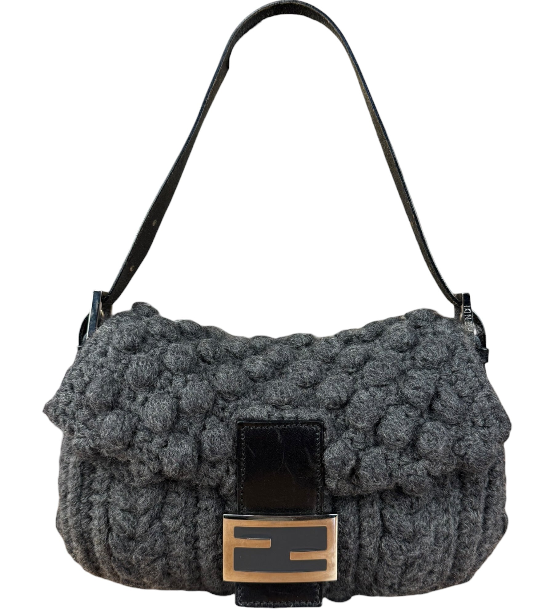 Fendi Grey Wool Crochet FF Baguette Shoulder Bag