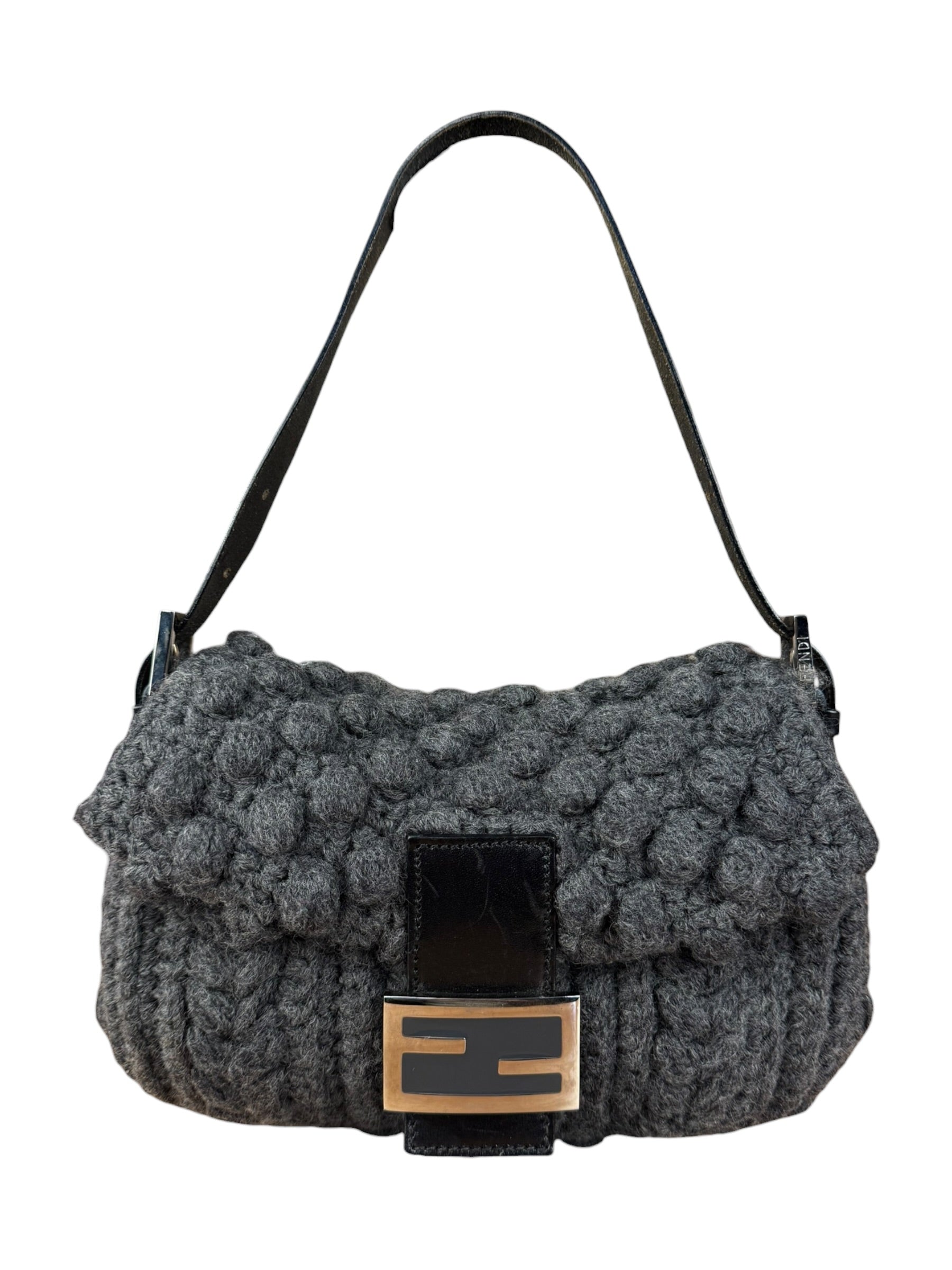 Fendi Grey Wool Crochet FF Baguette Shoulder Bag