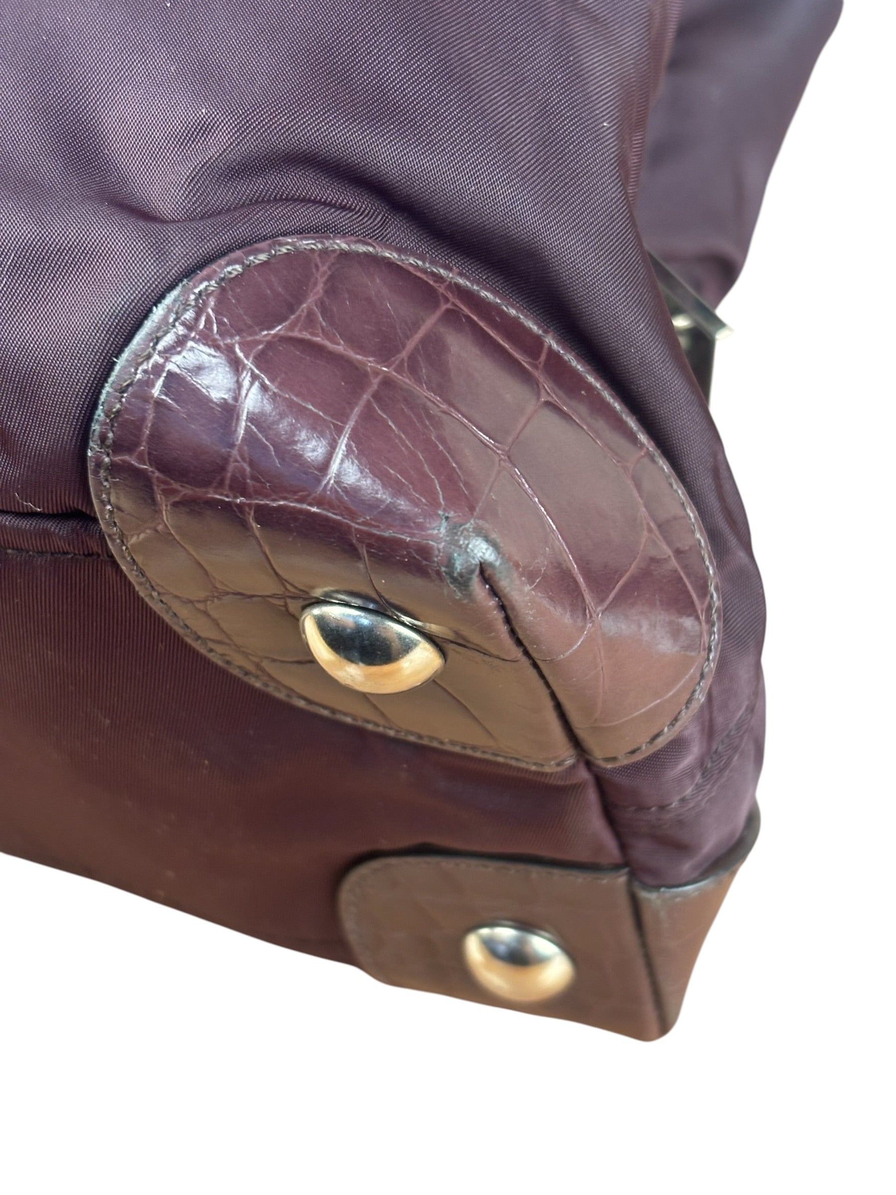Prada Vintage Plum Nylon Leather Embossed Handbag
