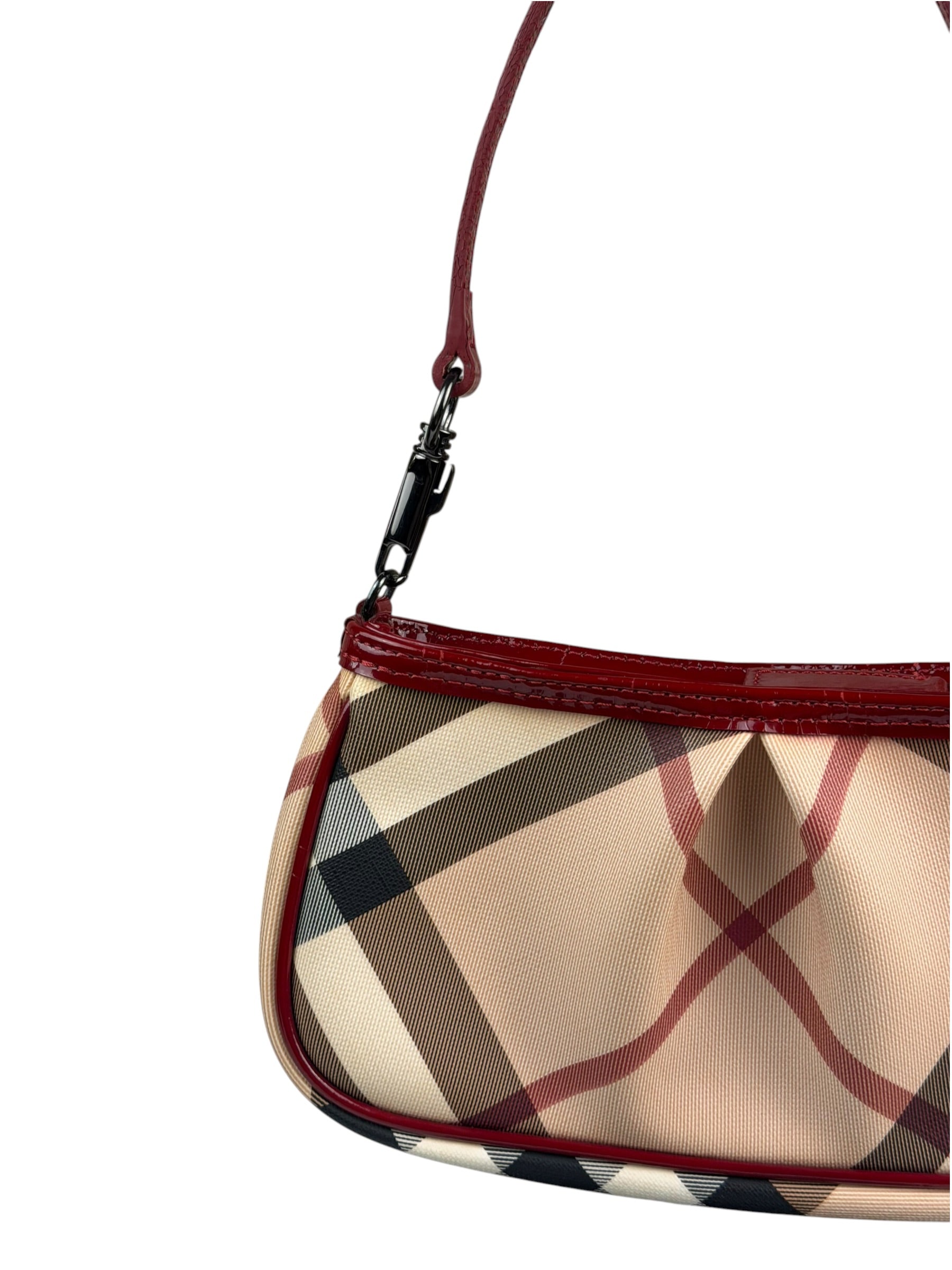 Burberry Red Patent Leather Trim Super Nova Check Pochette