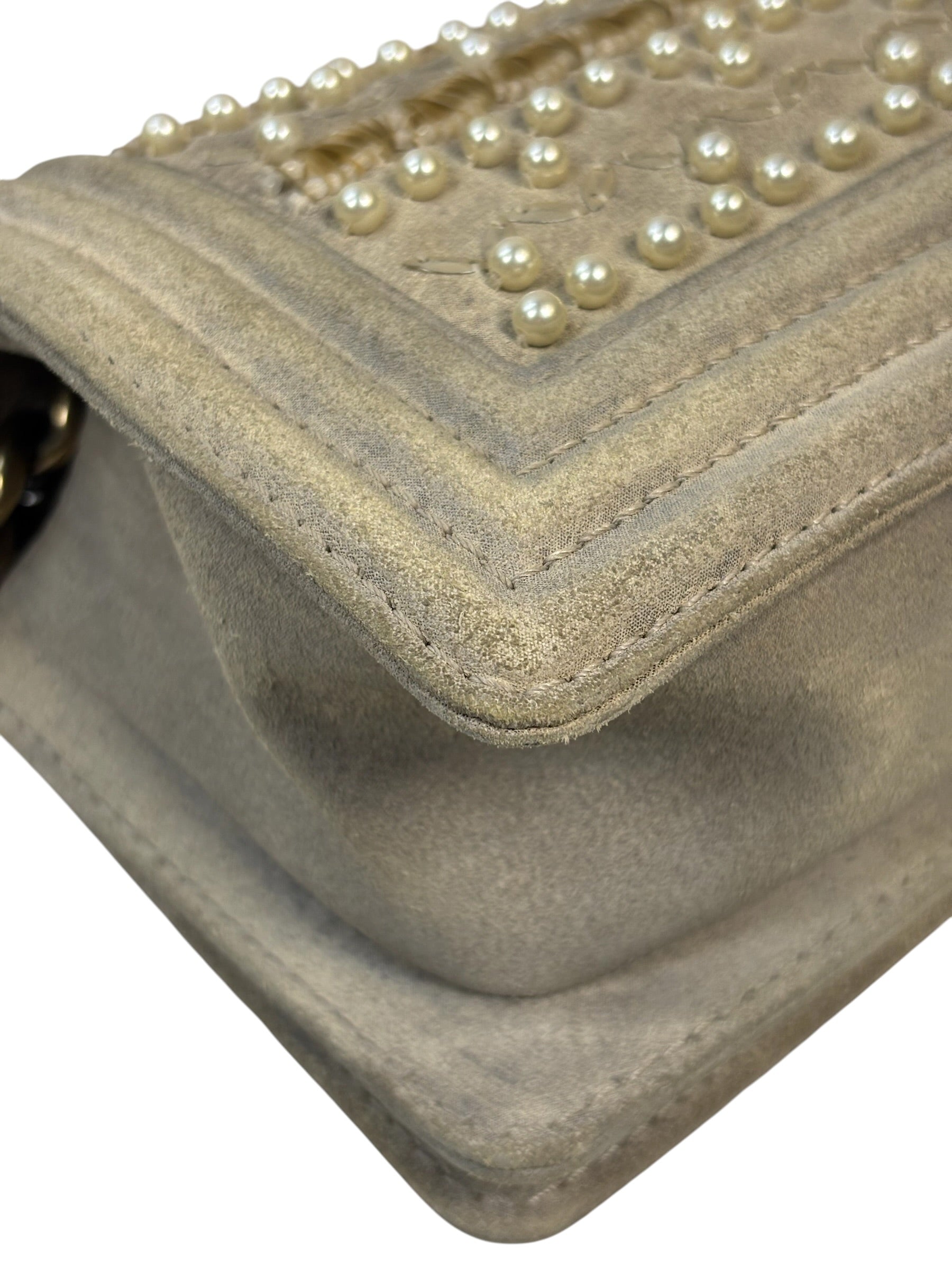 Chanel Grey Suede Beaded Pearl/Bead Boy Flap 2014