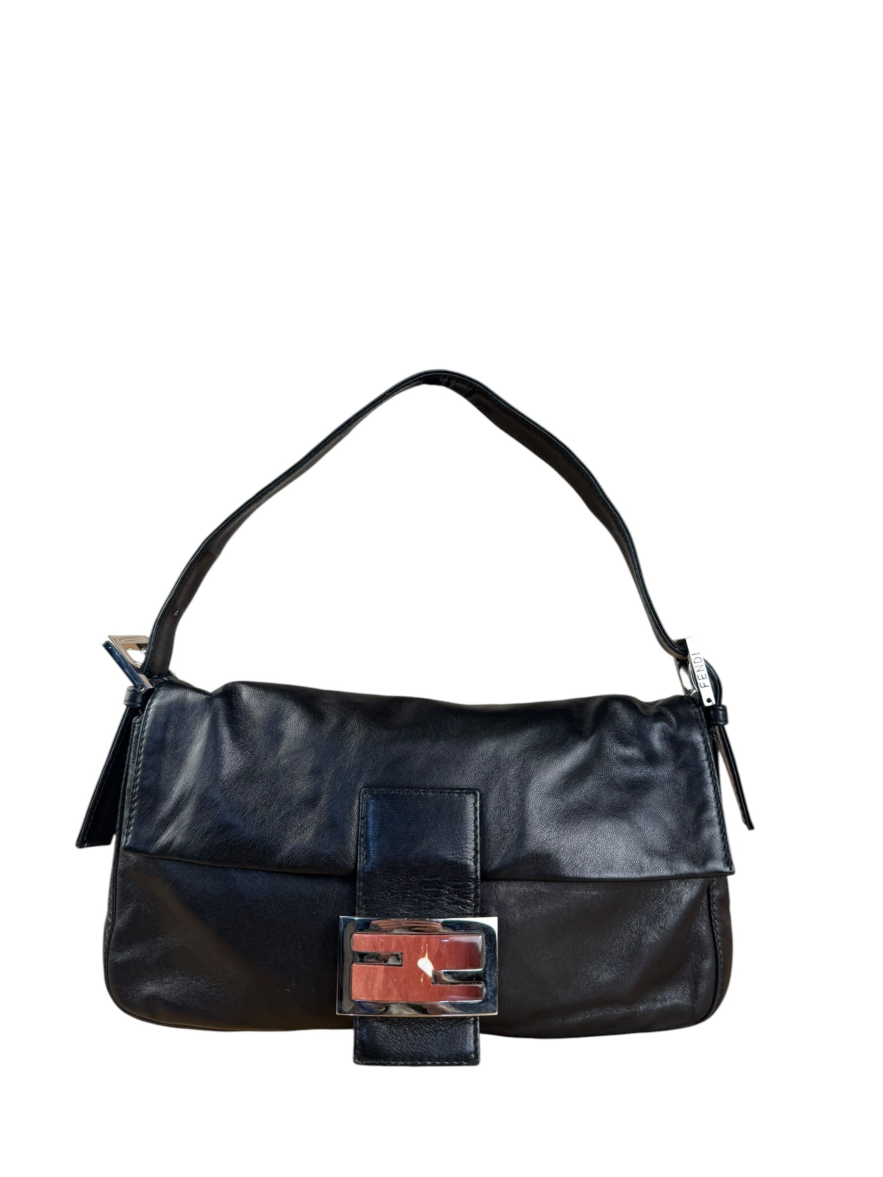 Fendi Vintage Black Leather Marble Buckle Baguette