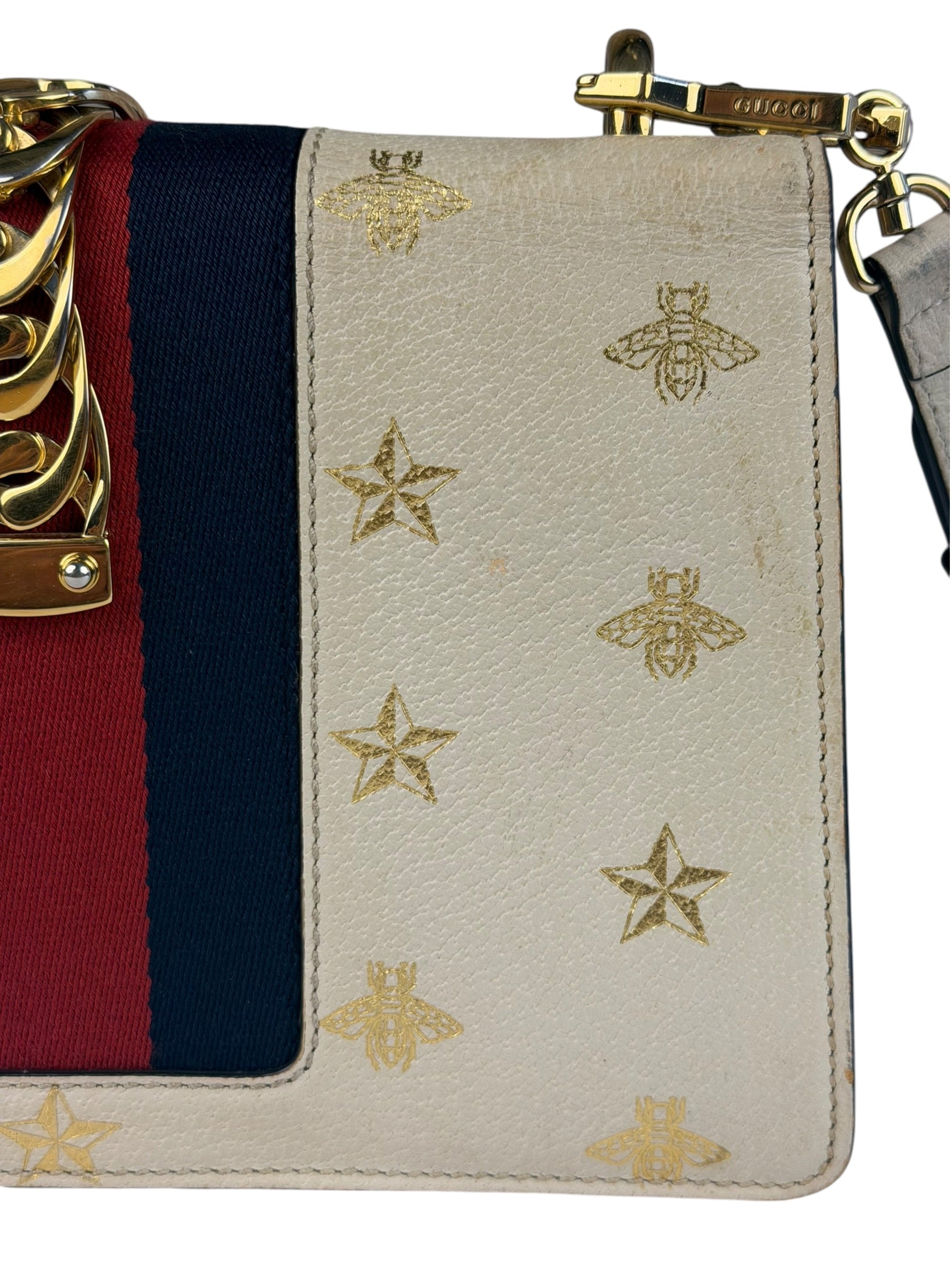 Gucci Textured Calfskin Bee Star Sylvie Shoulder Bag White