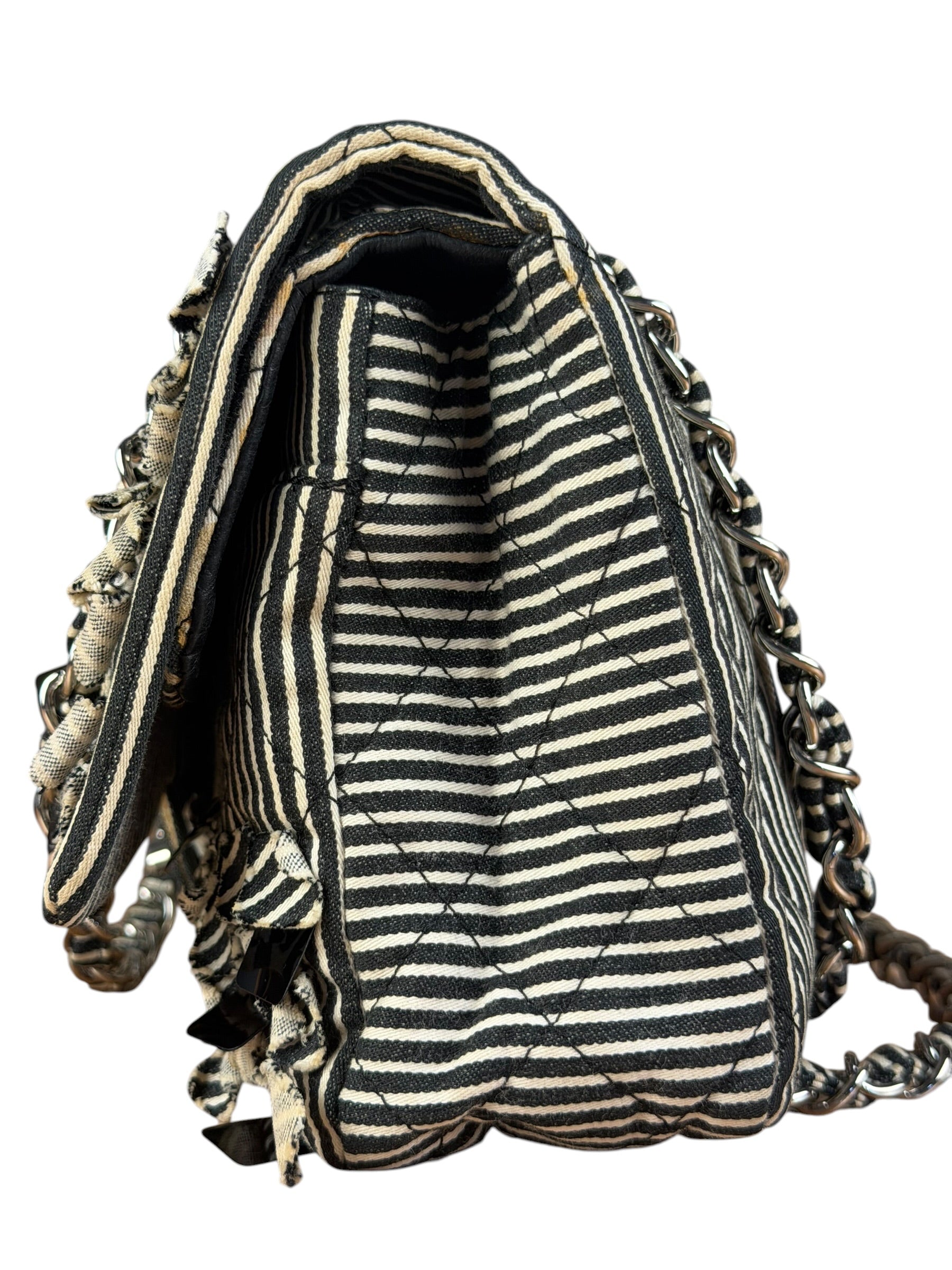 Chanel Black/White Sequin Stripped Medium Double Flap Shoulder Bag