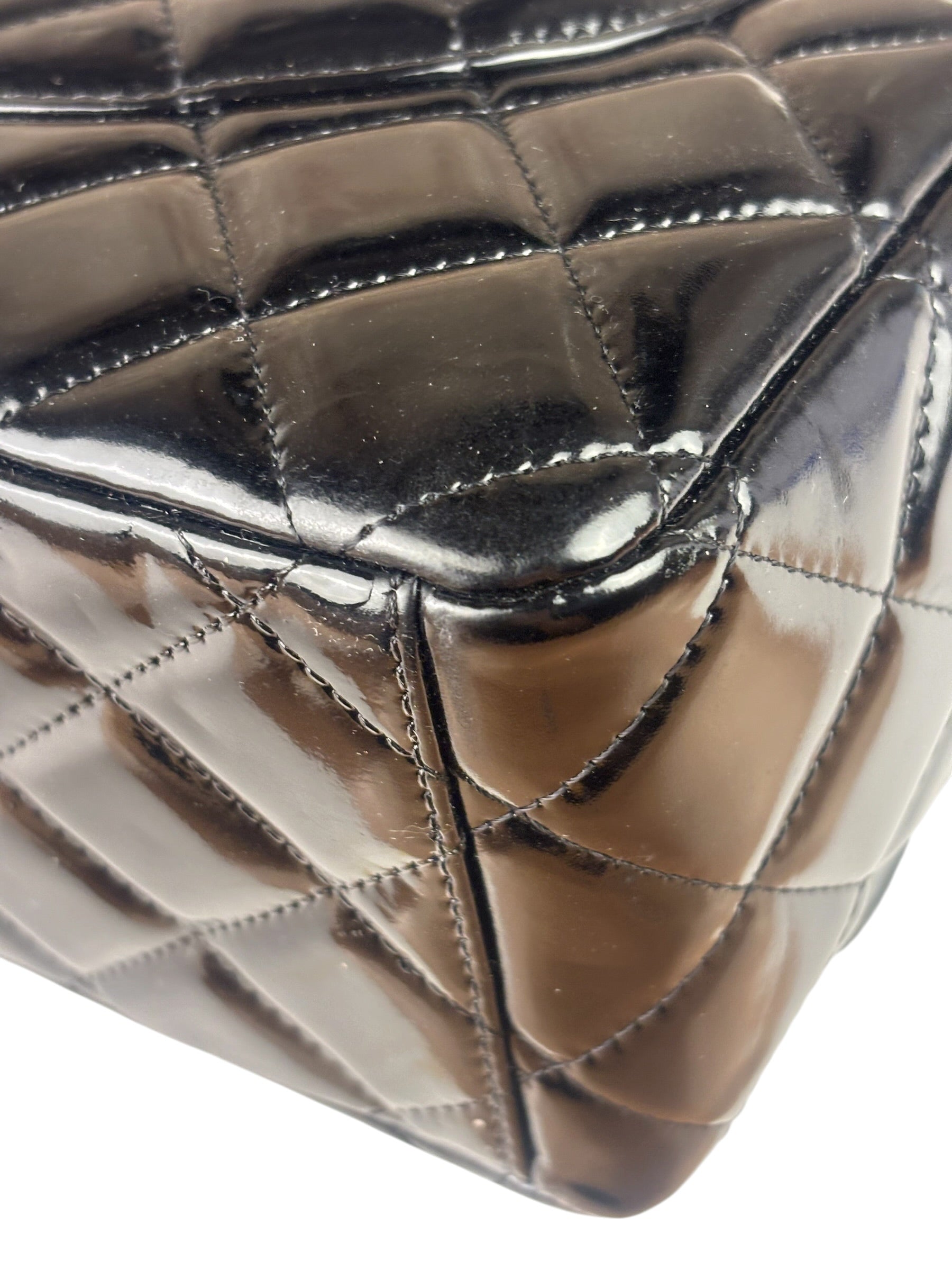 Chanel Black Patent Leather Quilted Leather Double Flap Jumbo Bag 2012