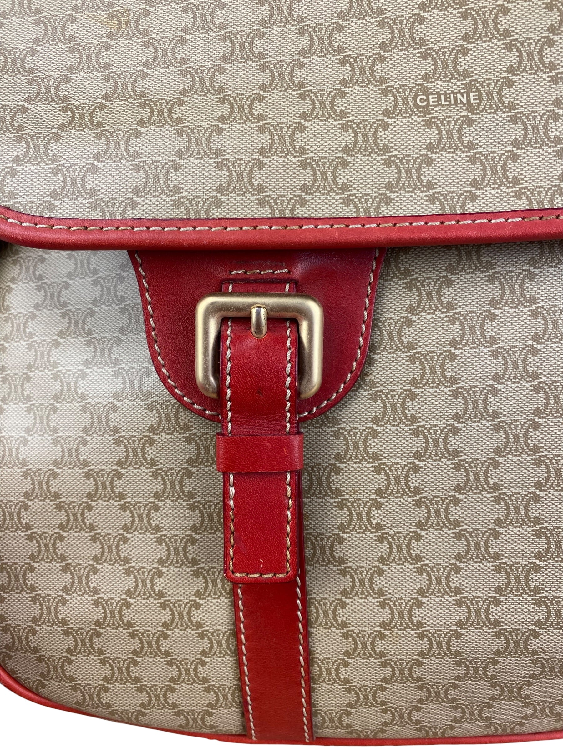 Celine Vintage Macadam Print Red Lined Flap Messenger Bag
