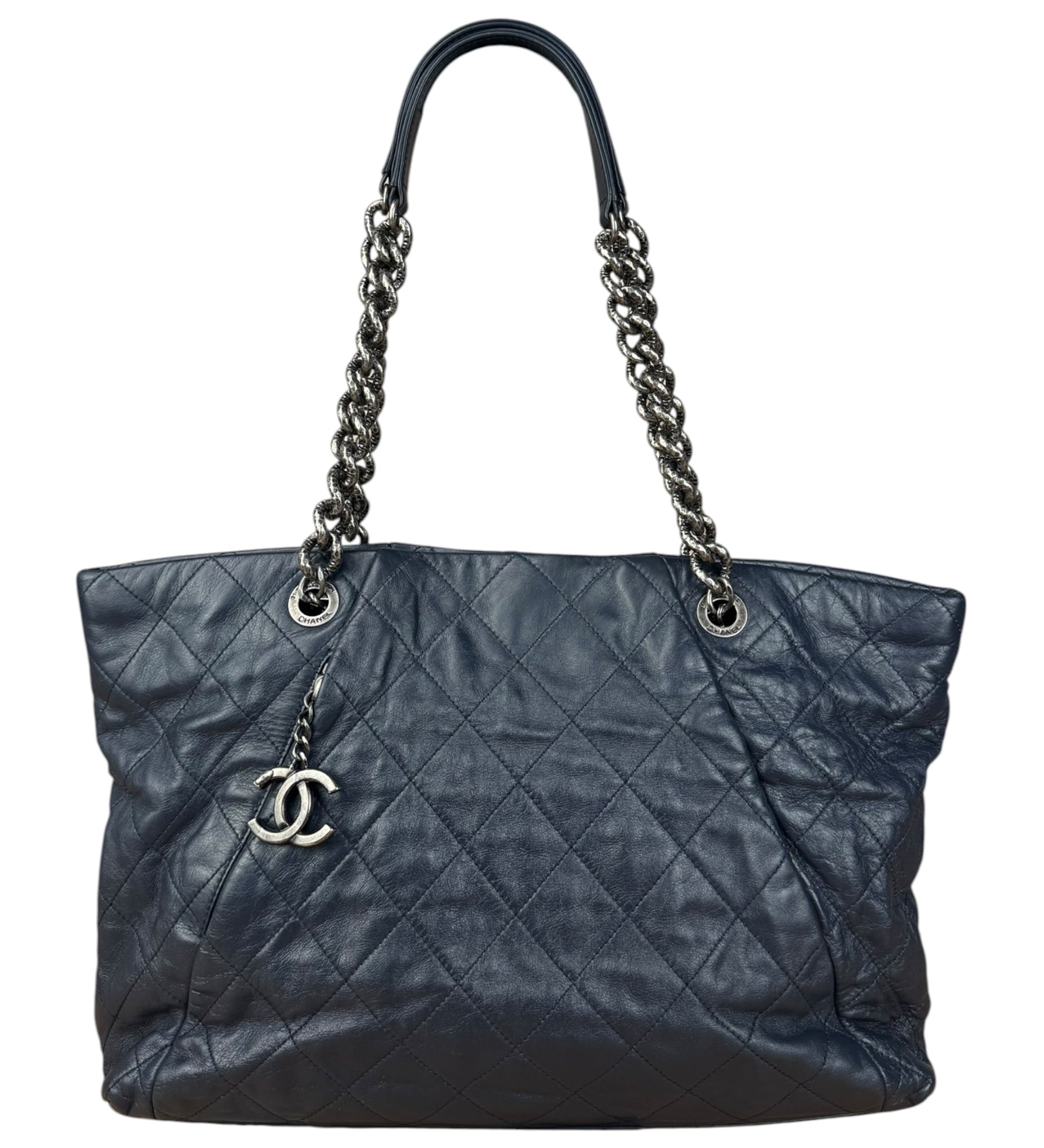 Chanel Dark Navy Quilted Leather Coco Pleats Chain Tote 2012