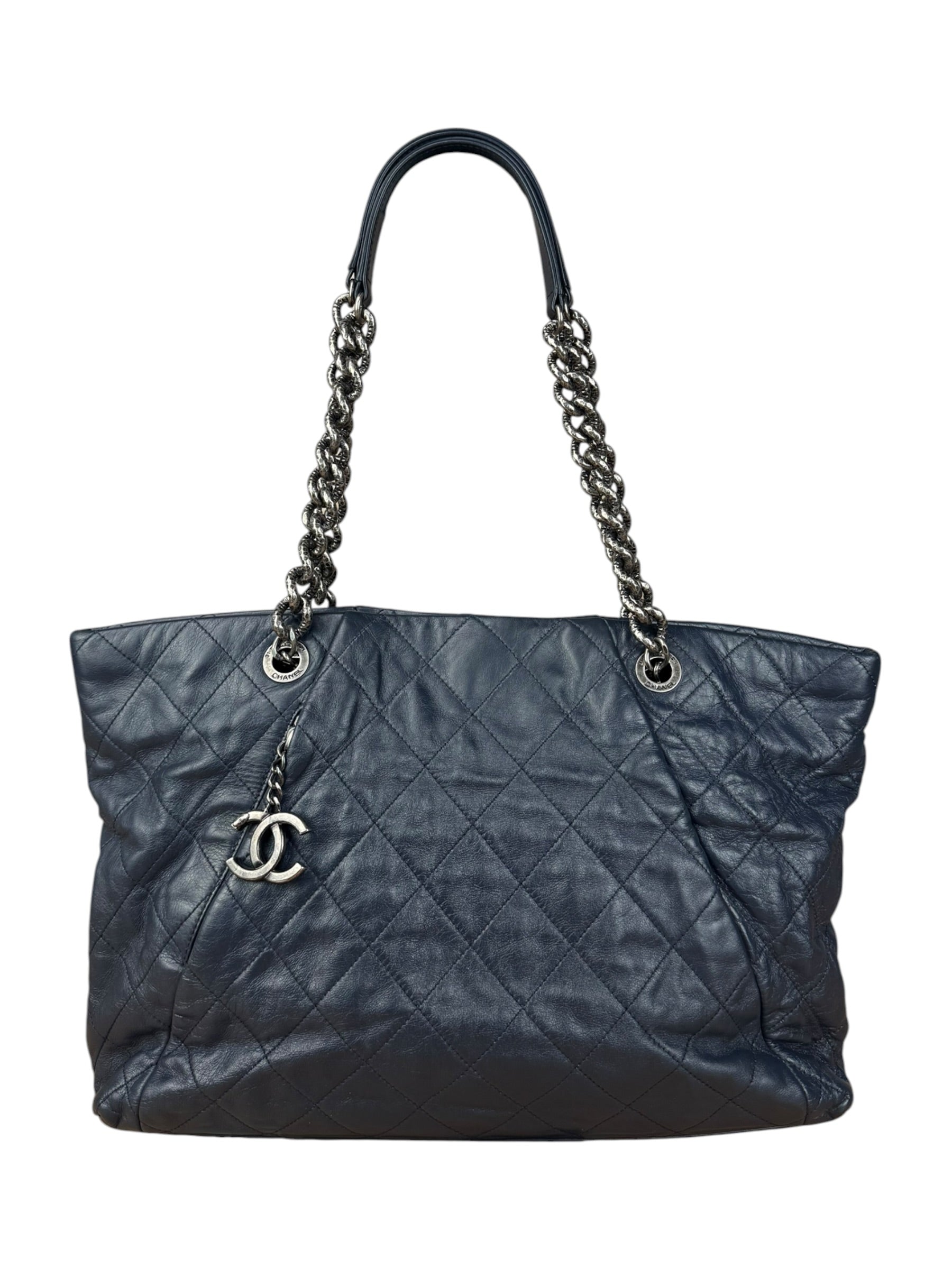 Chanel Dark Navy Quilted Leather Coco Pleats Chain Tote 2012