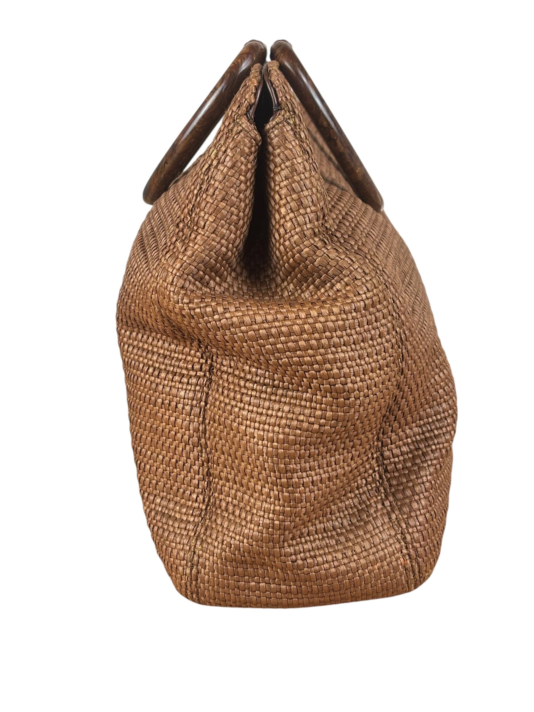 Chanel Vintage Brown Woven Straw Raffia Wooden Top Handle Handbag 2001
