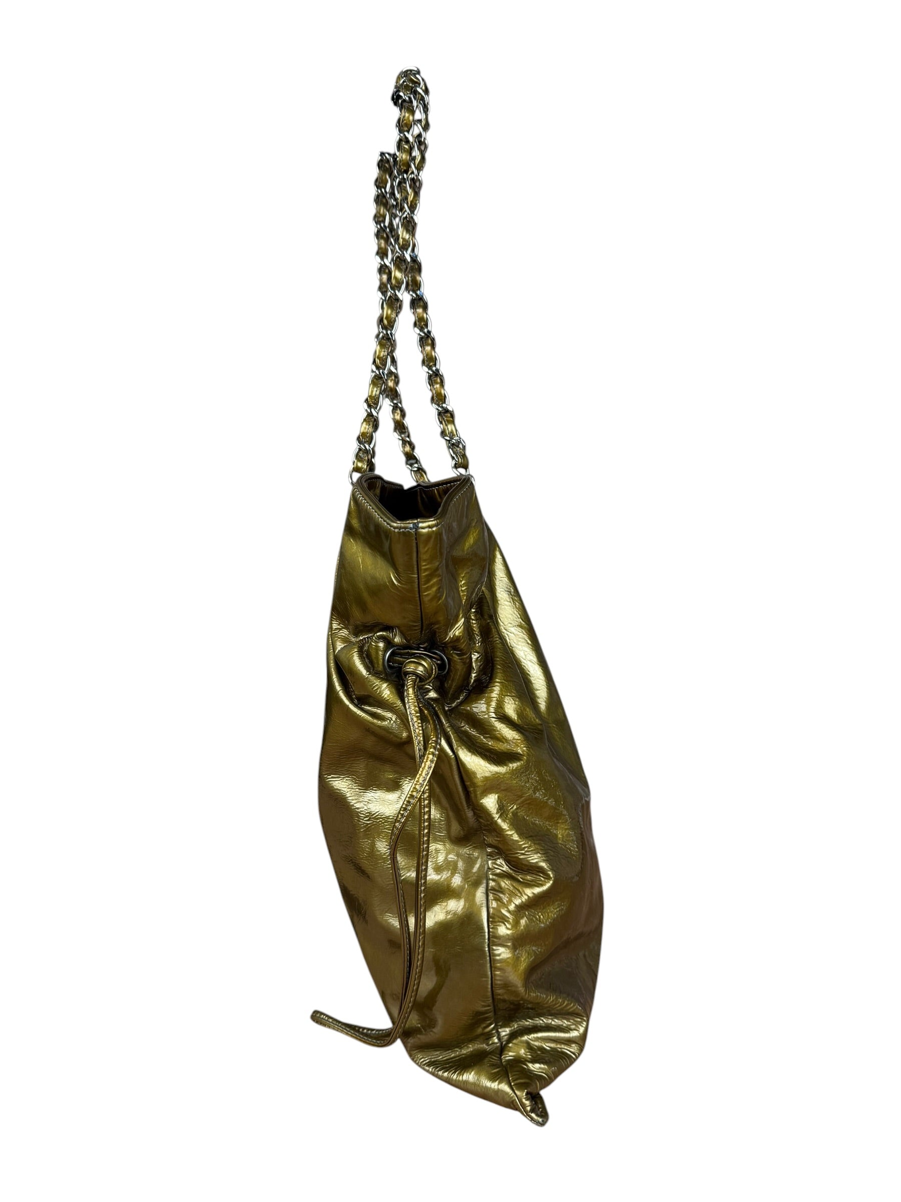 Chanel CC Green Metallic Patent Leather BonBon Chain Cinch Tote 2008