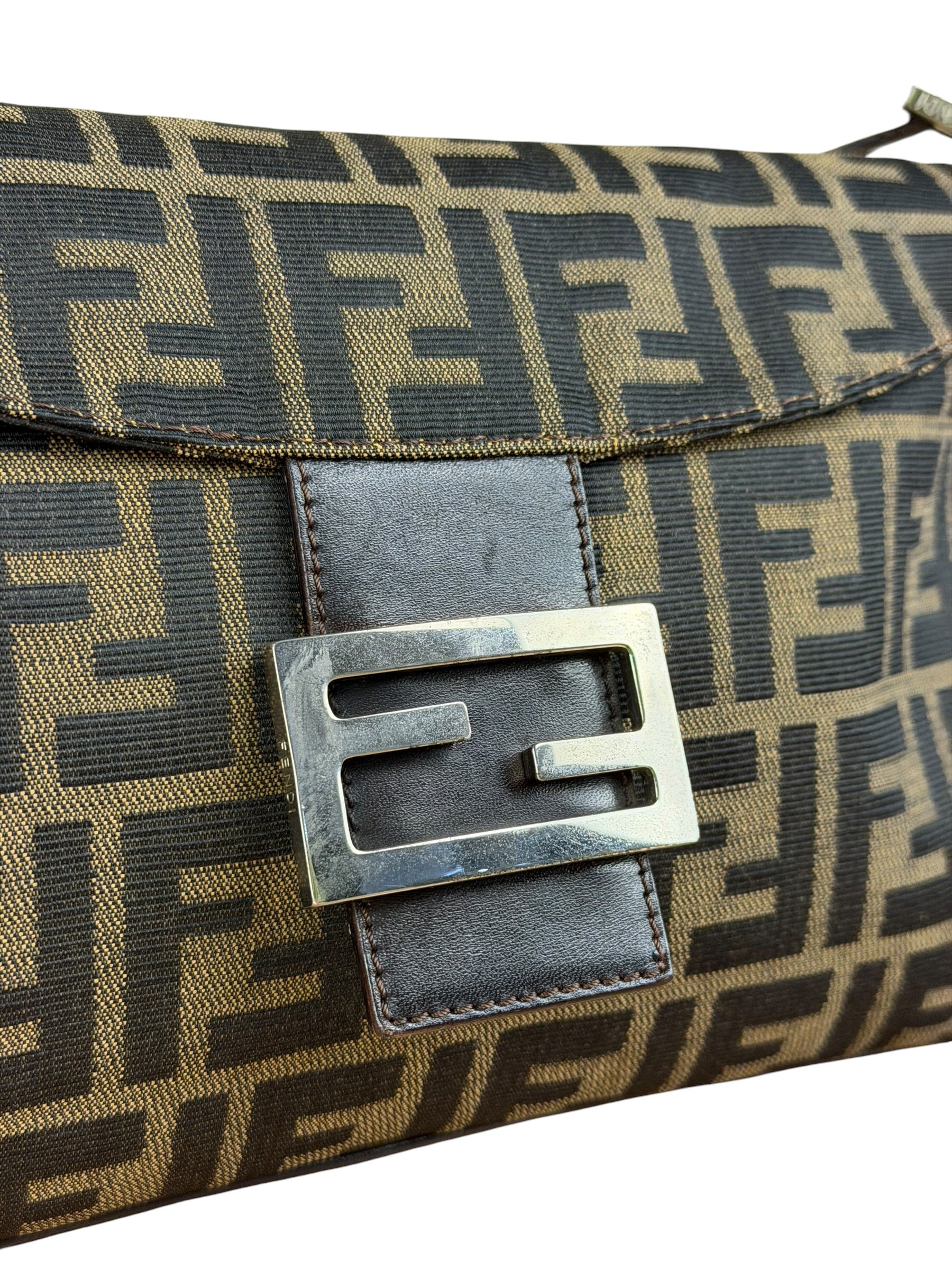 Fendi Brown Leather Trim Zucca FF Monogram Baguette