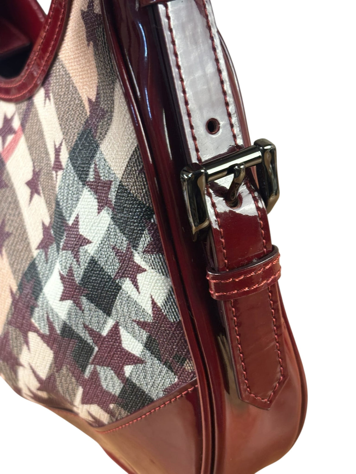 Burberry Berry Red Patent Trim Super Nova Stars Small Hernville Hobo Bag