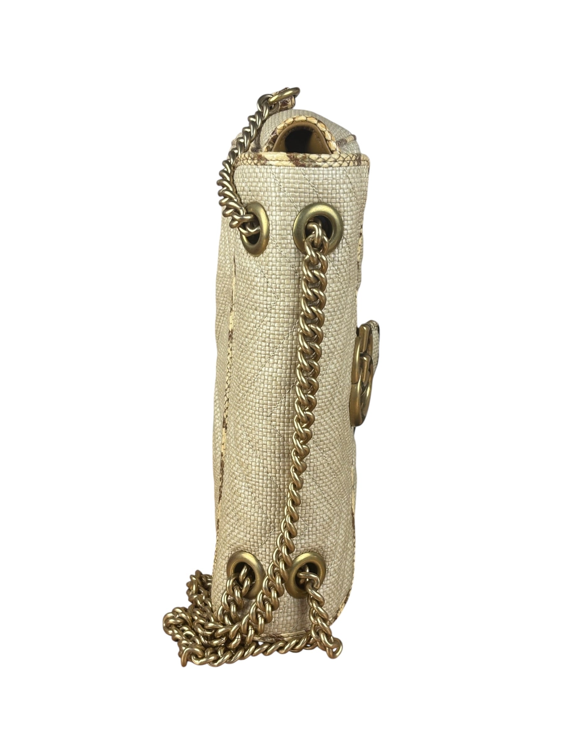 Gucci GG Beige Raffia Marmont Snakeskin Trim Flap Bag