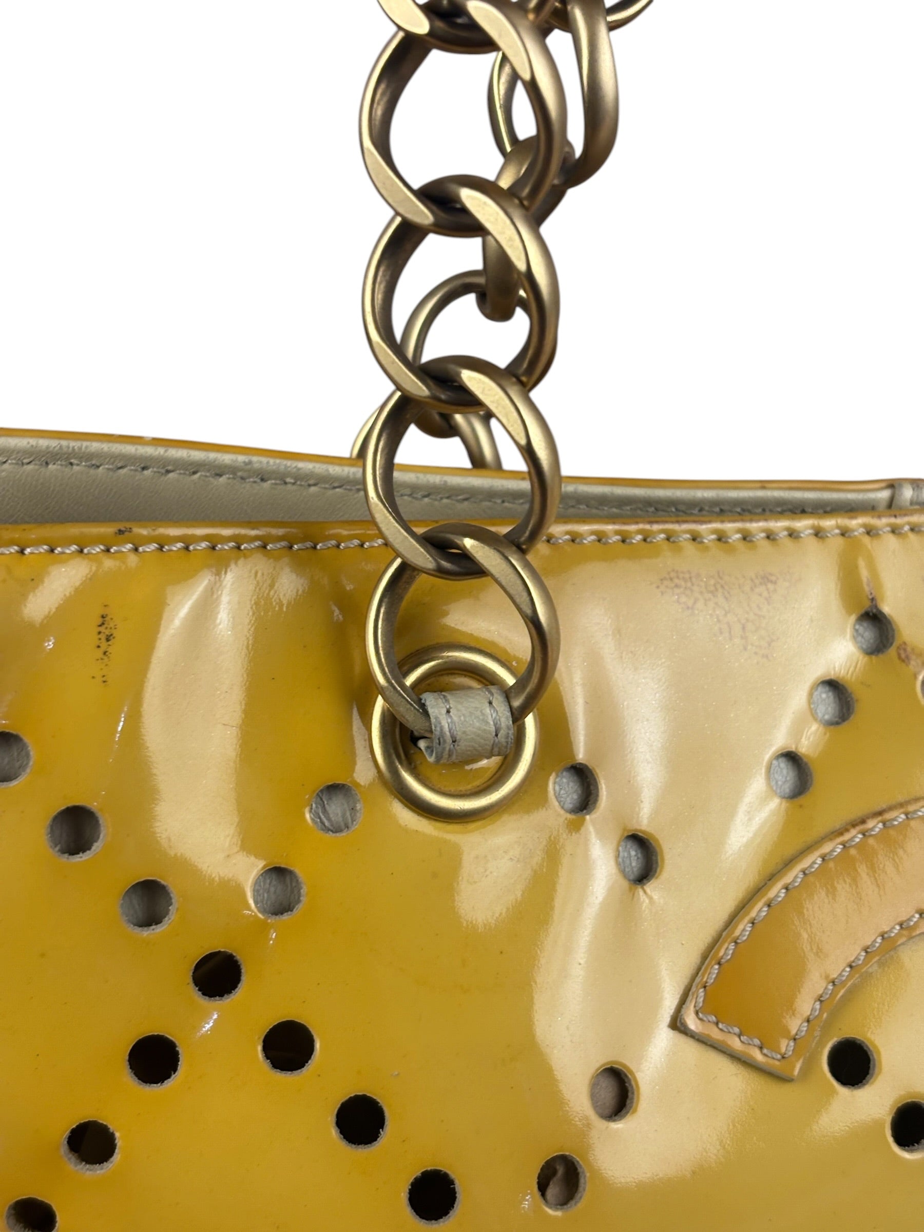 Chanel Vintage Yellow Patent Leather Perforated Tote Bag 1987