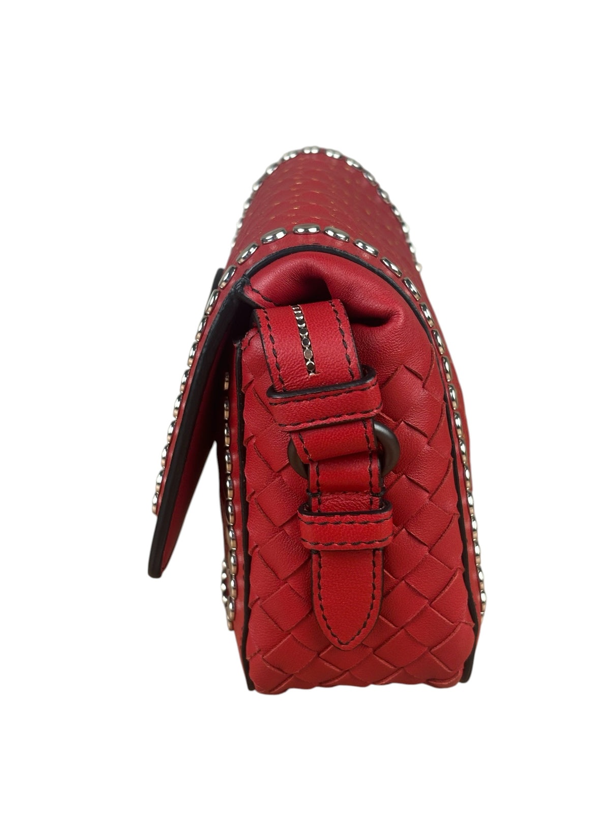 Bottega Veneta Red Leather Studded Intrecciato Flap Crossbody Bag