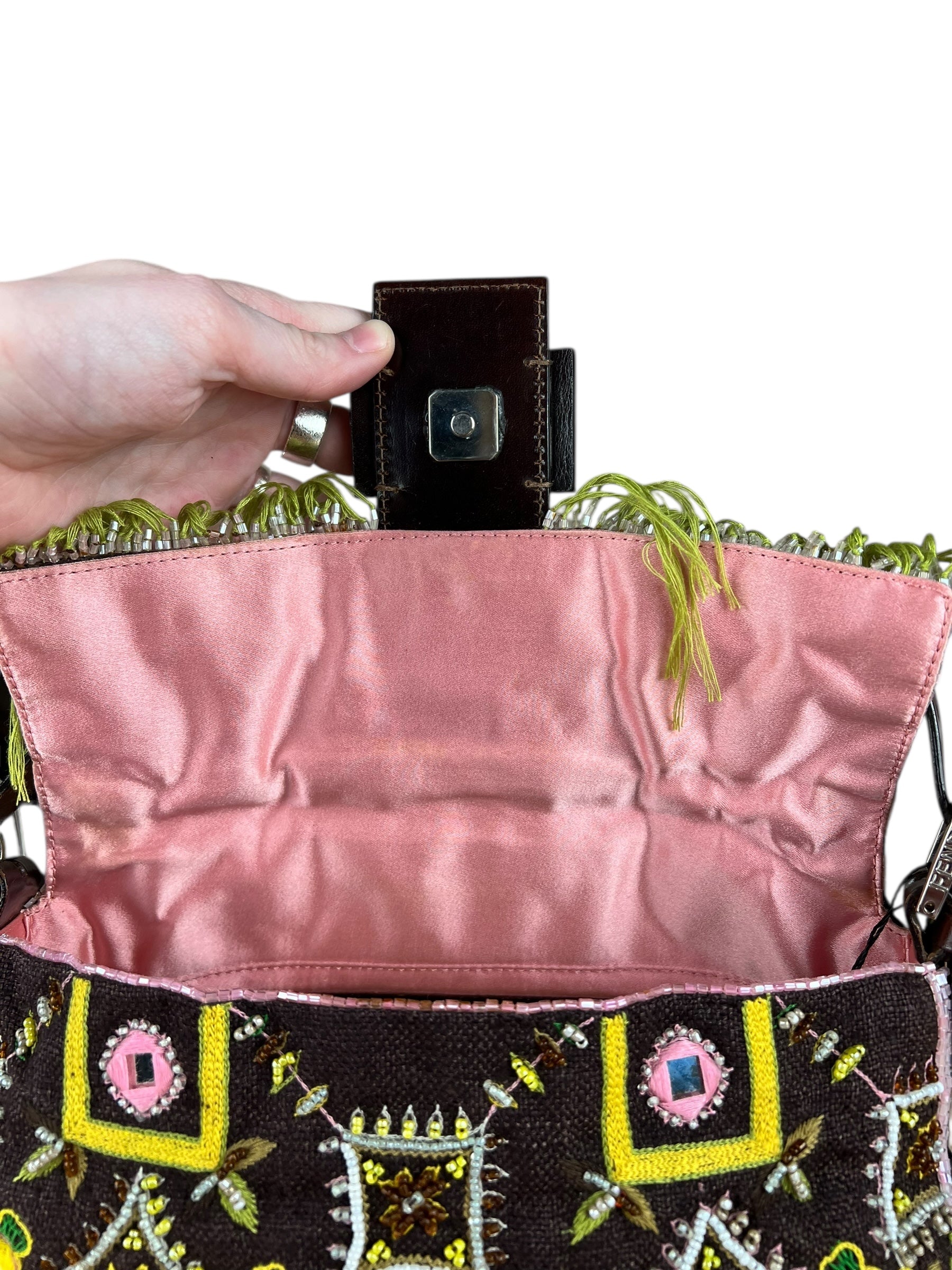 Fendi Canvas Baguette Dark Brown Beaded