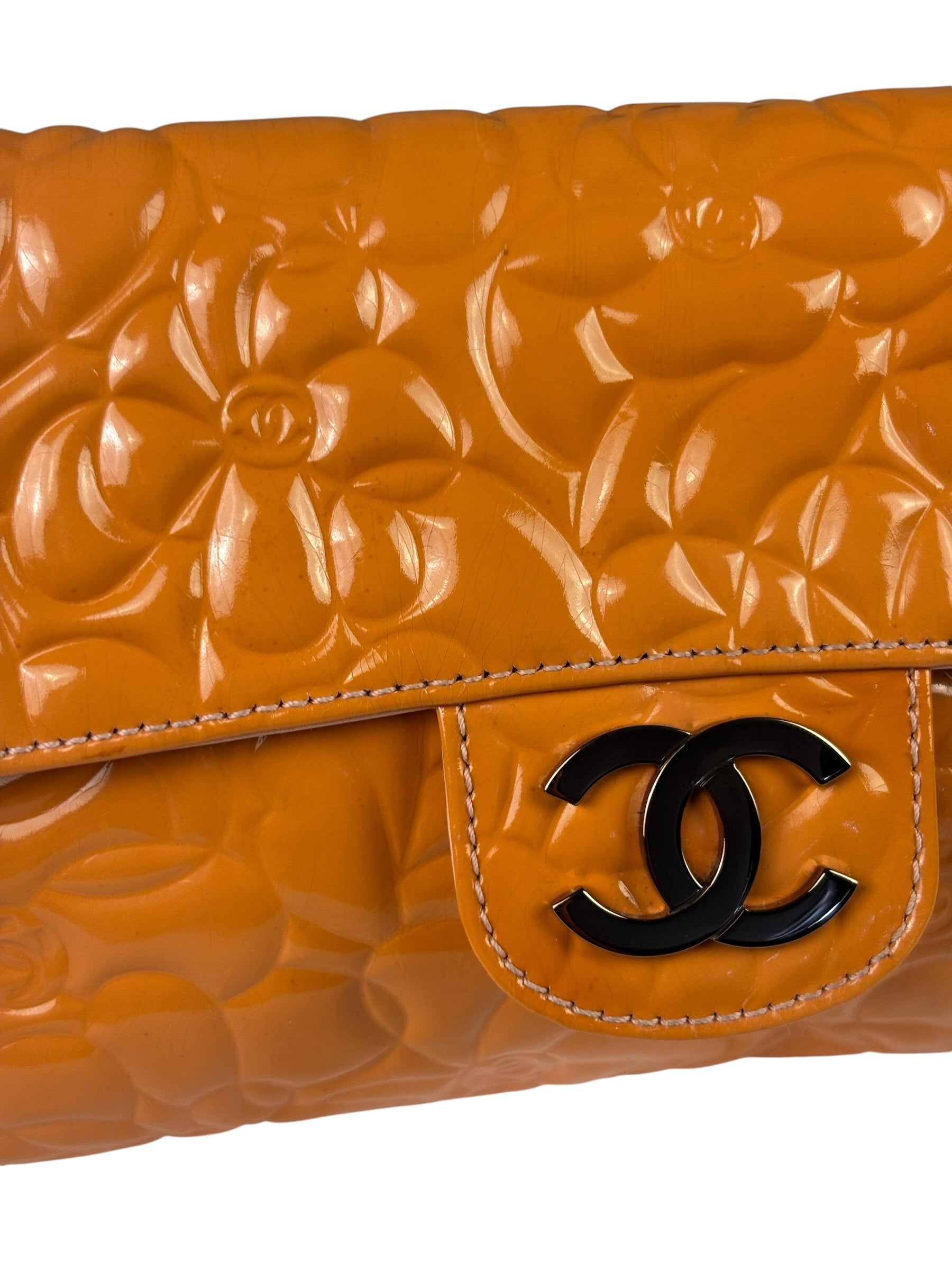 Chanel Orange Patent Leather Camellia Flap Pochette 2003