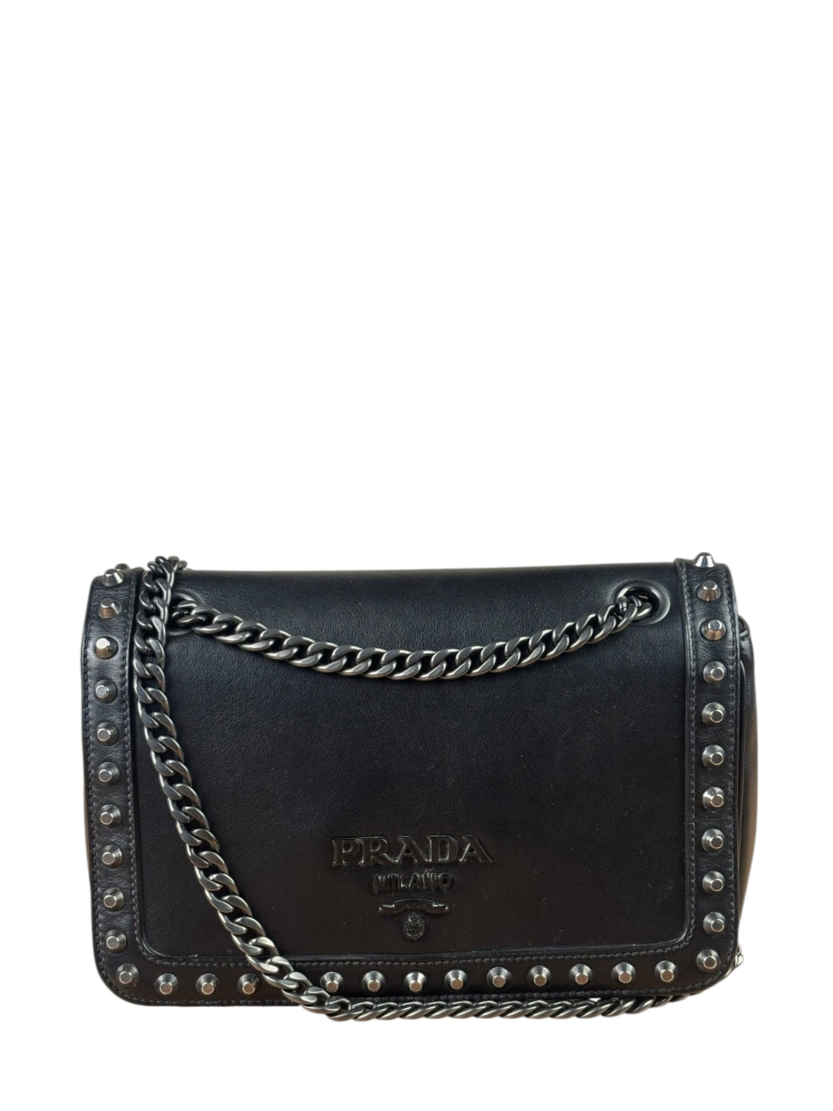 Prada Black Calfskin Studded Glace Flap Bag