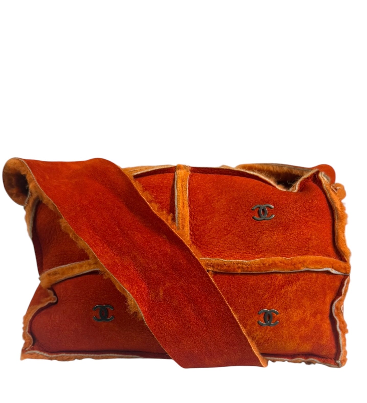 Chanel Orange Suede Shearling Patchwork Shoulder Bag 2001