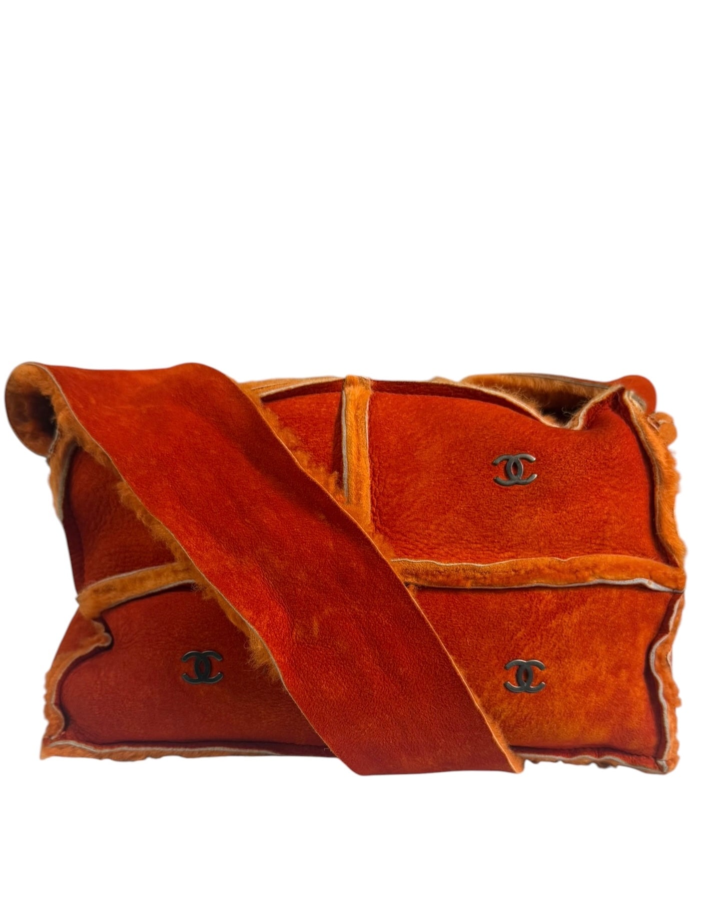 Chanel Orange Suede Shearling Patchwork Shoulder Bag 2001