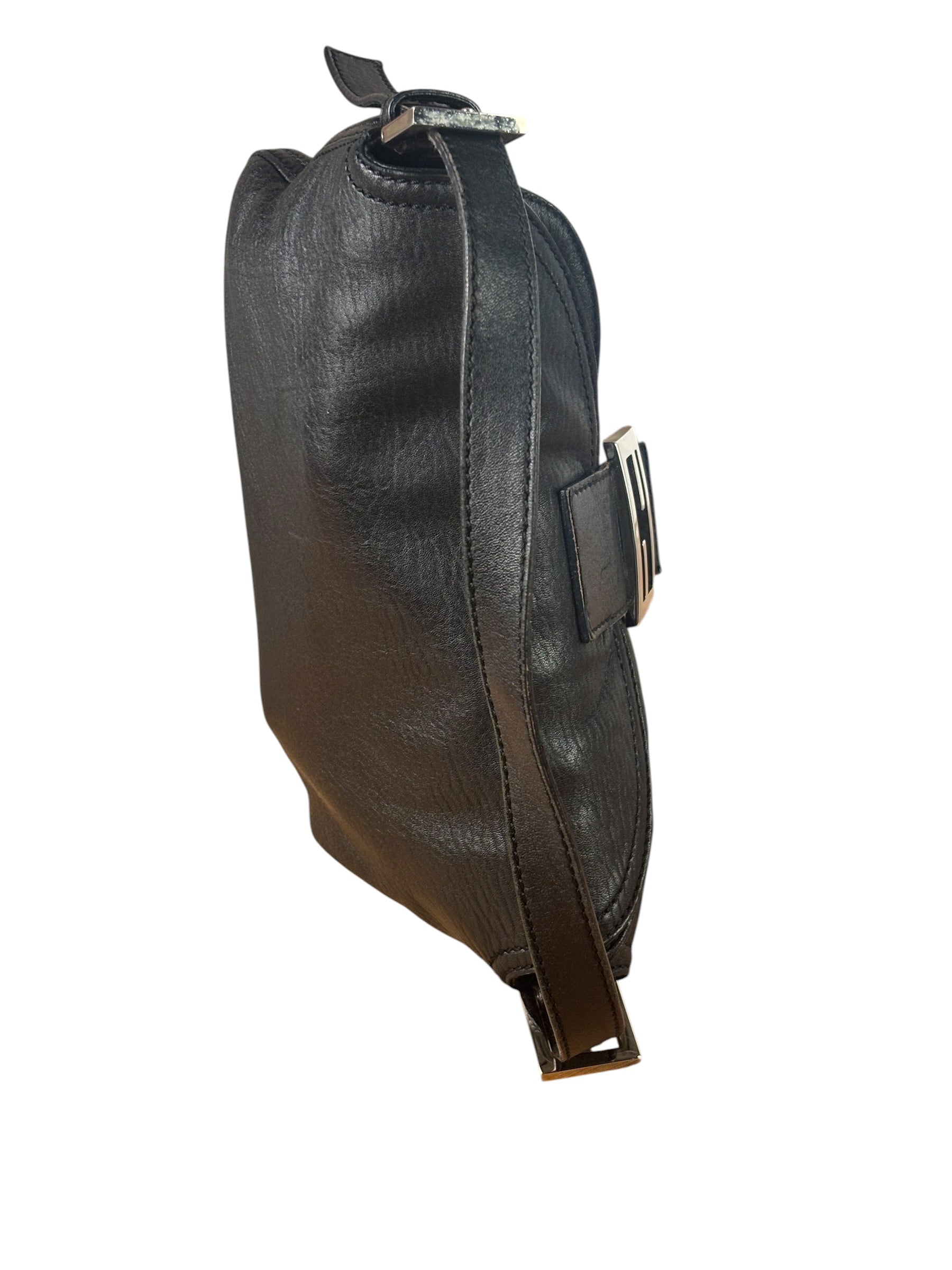 Fendi Vintage Black Leather Double Flap Baguette