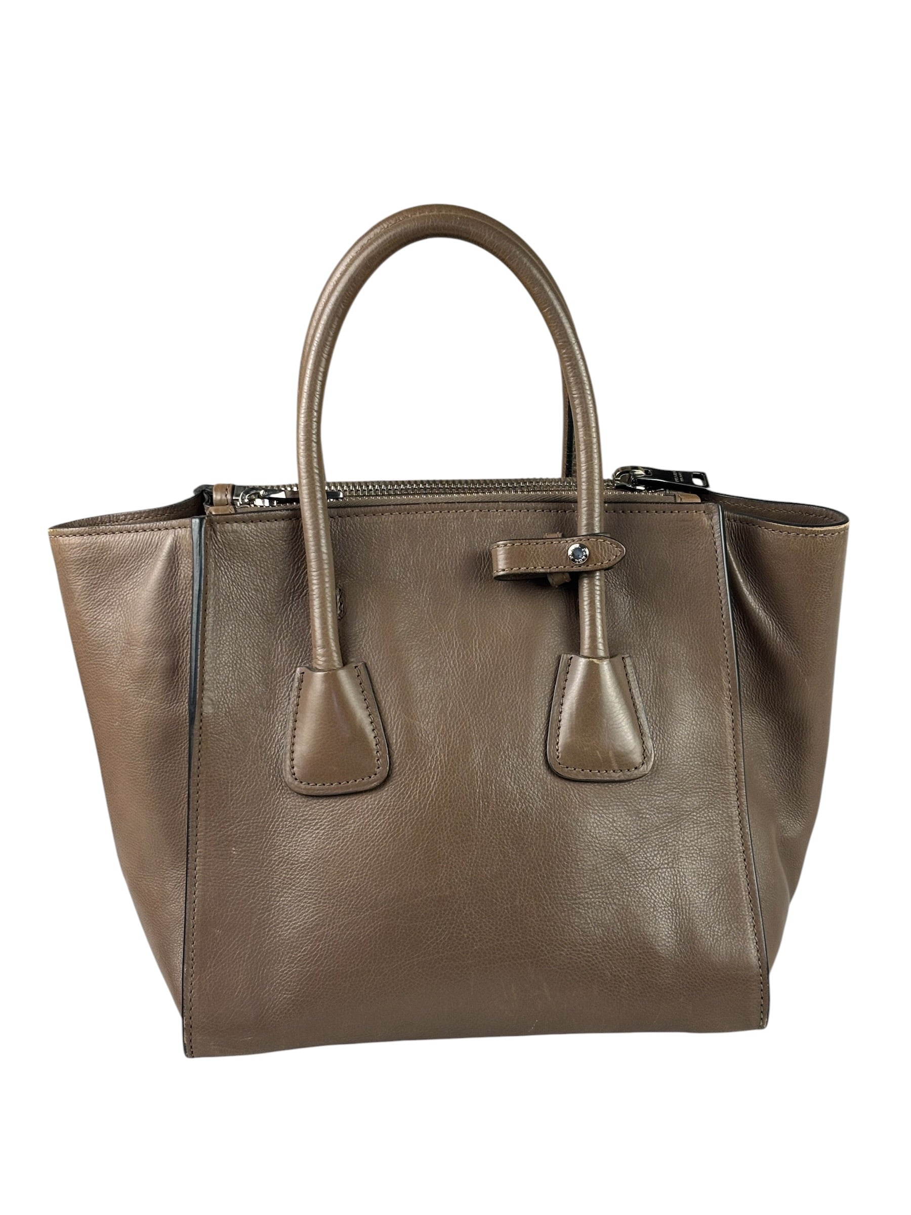 Prada Neutral Taupe Glace Calf Twin Pocket Two-Way Tote