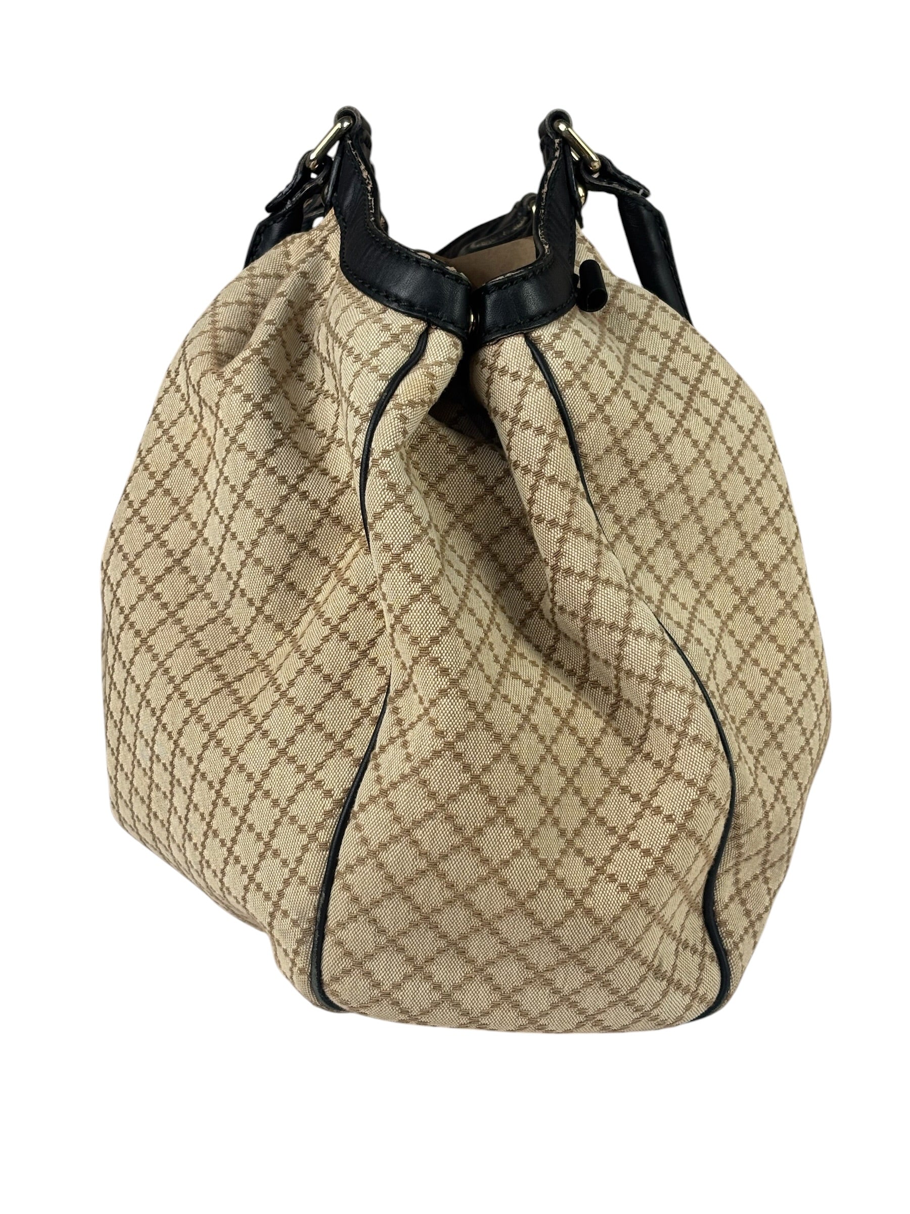 Gucci Beige Leather Trim Diamante Canvas Sukey Tote