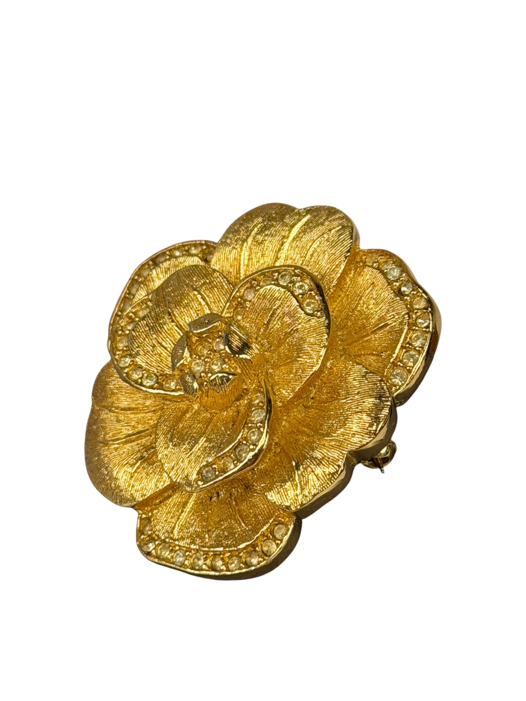 Christian Dior Signature Camellia Flower Gold Plated Crystal Pave Brooch