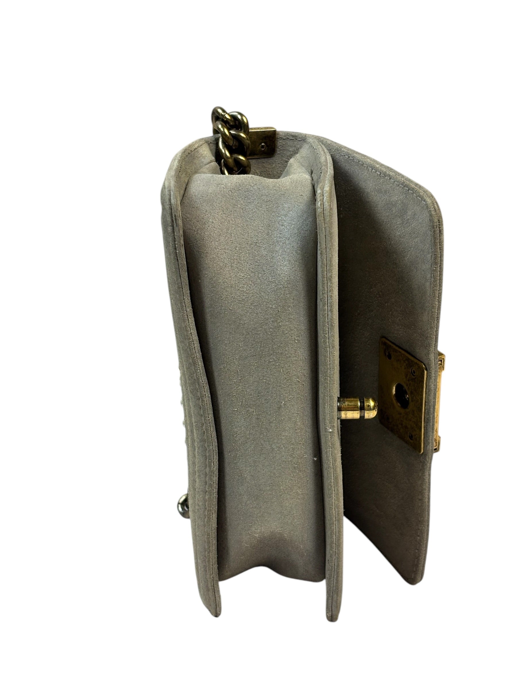 Chanel Grey Suede Beaded Pearl/Bead Boy Flap 2014