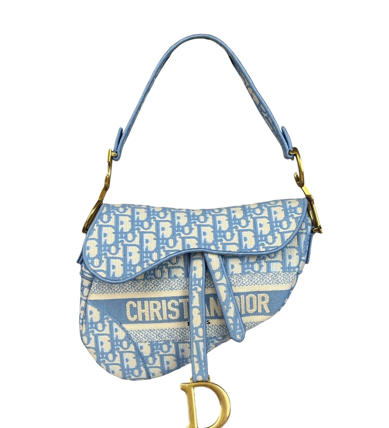 Christian Dior Blue/White Oblique Embroidered Saddle Bag