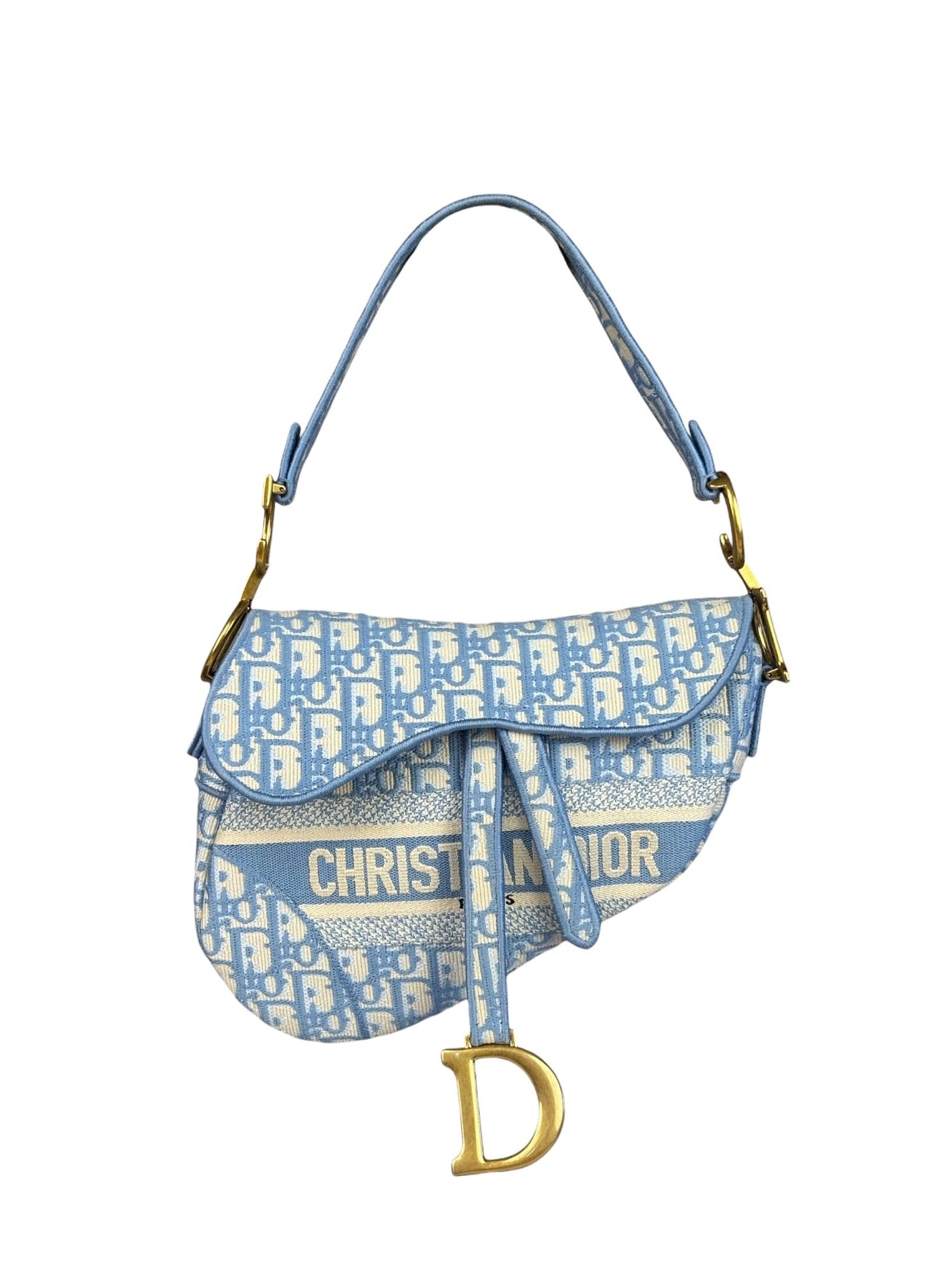 Christian Dior Blue/White Oblique Embroidered Saddle Bag