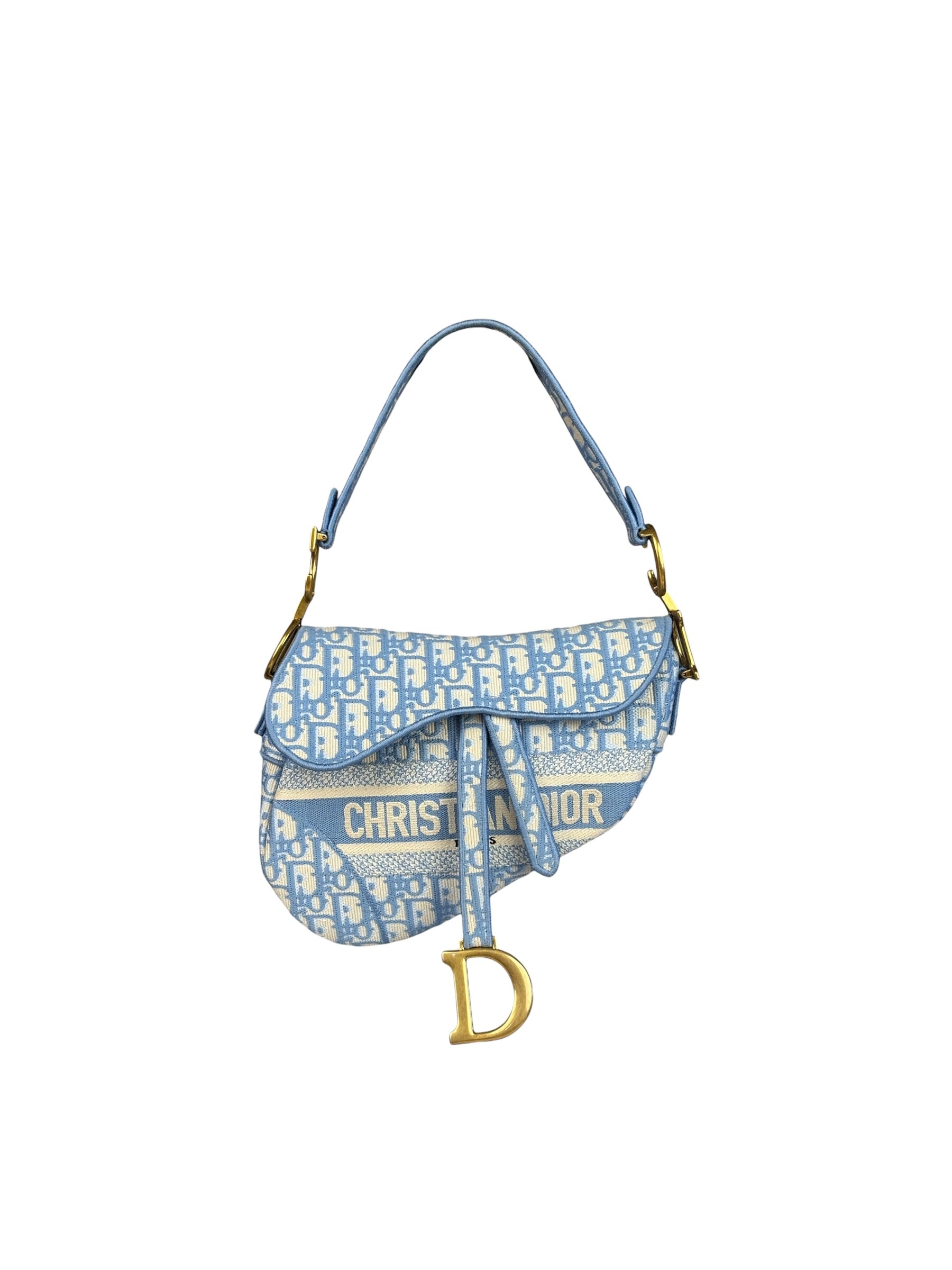 Christian Dior Blue/White Oblique Embroidered Saddle Bag