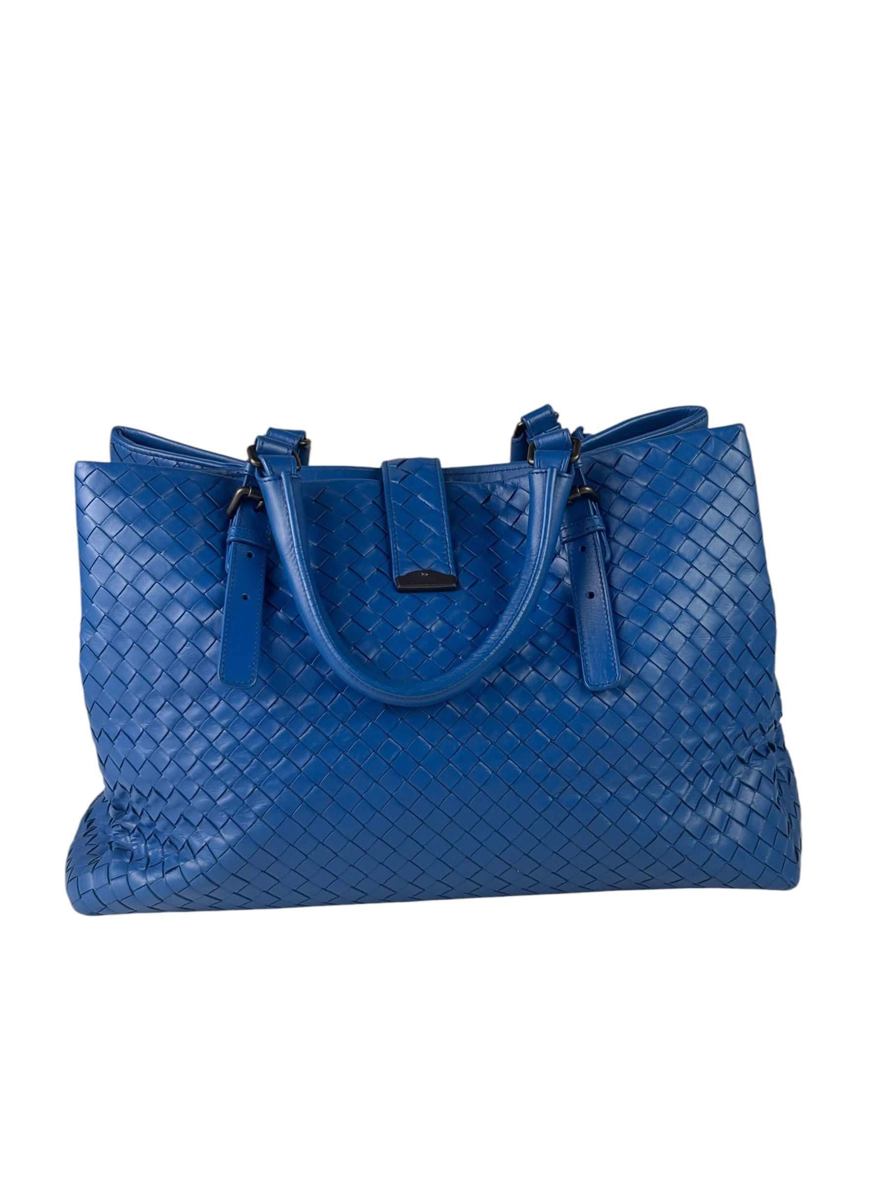 Bottega Venete Blue Lambskin Intrecciato Roma Tote