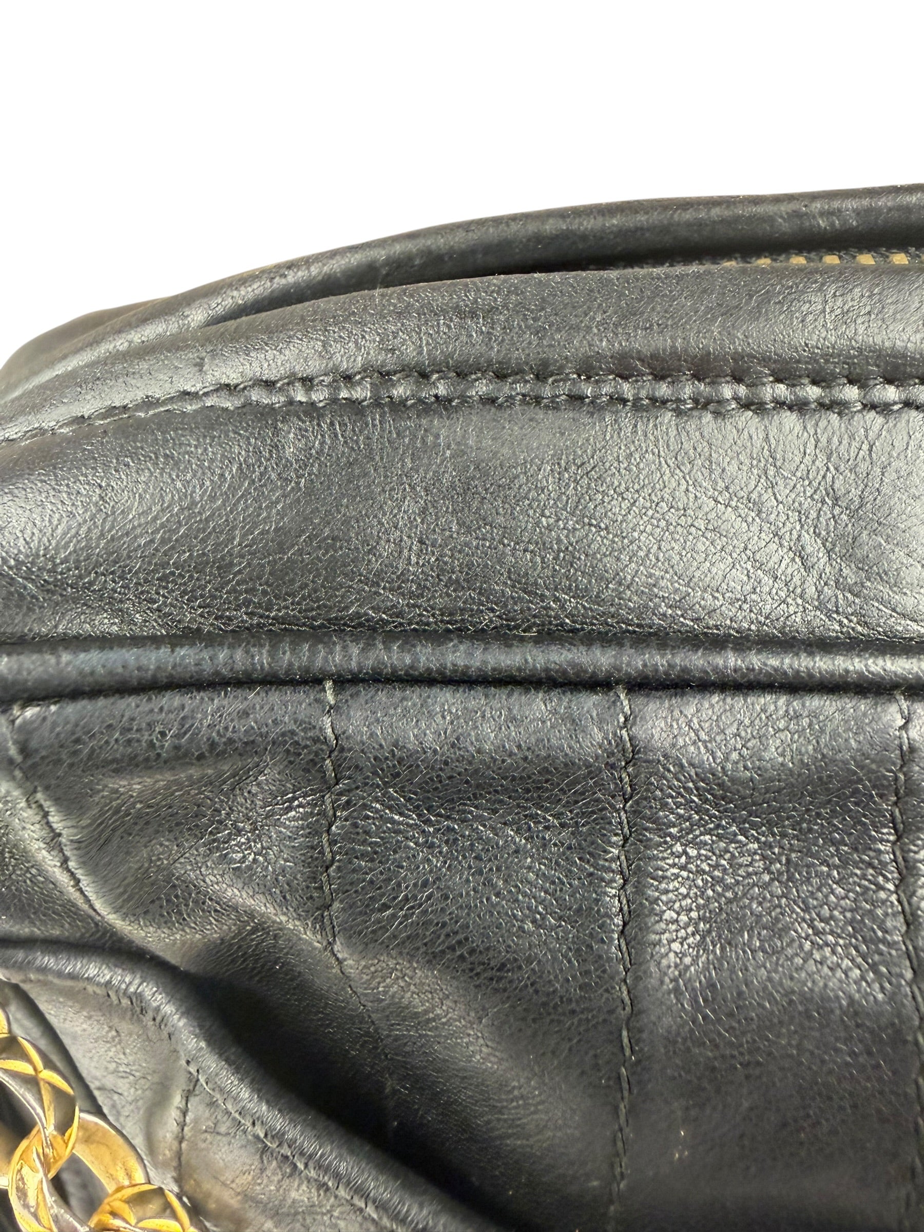 Chanel Vintage Black Leather Mademoiselle Vertical Quilted Shoulder Bag 1990's