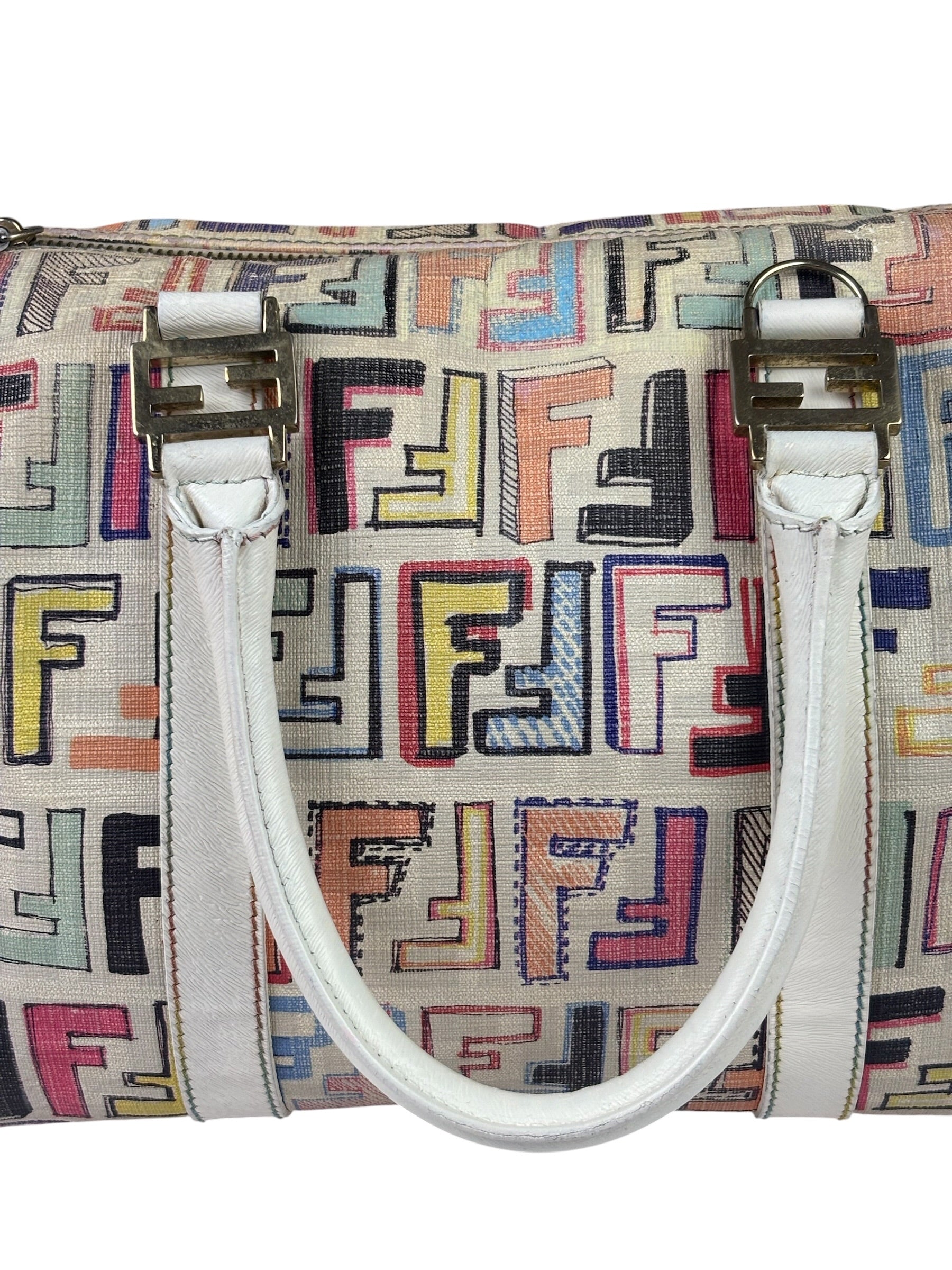 Fendi Beige Leather Multicolor Zucca Forever Boston Bag