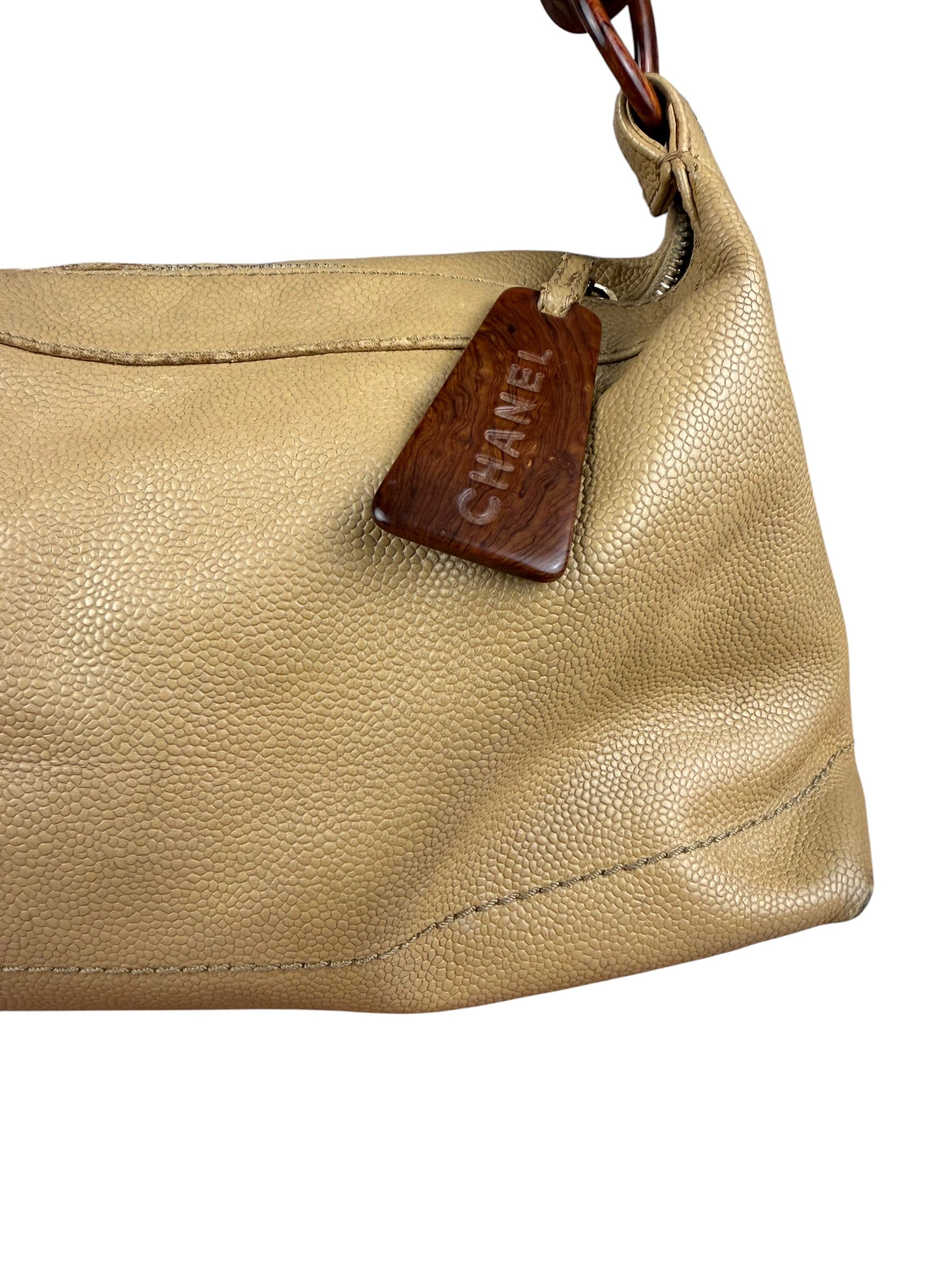 Chanel CC Vintage Beige Leather Caviar Wood Chain Hobo Bag