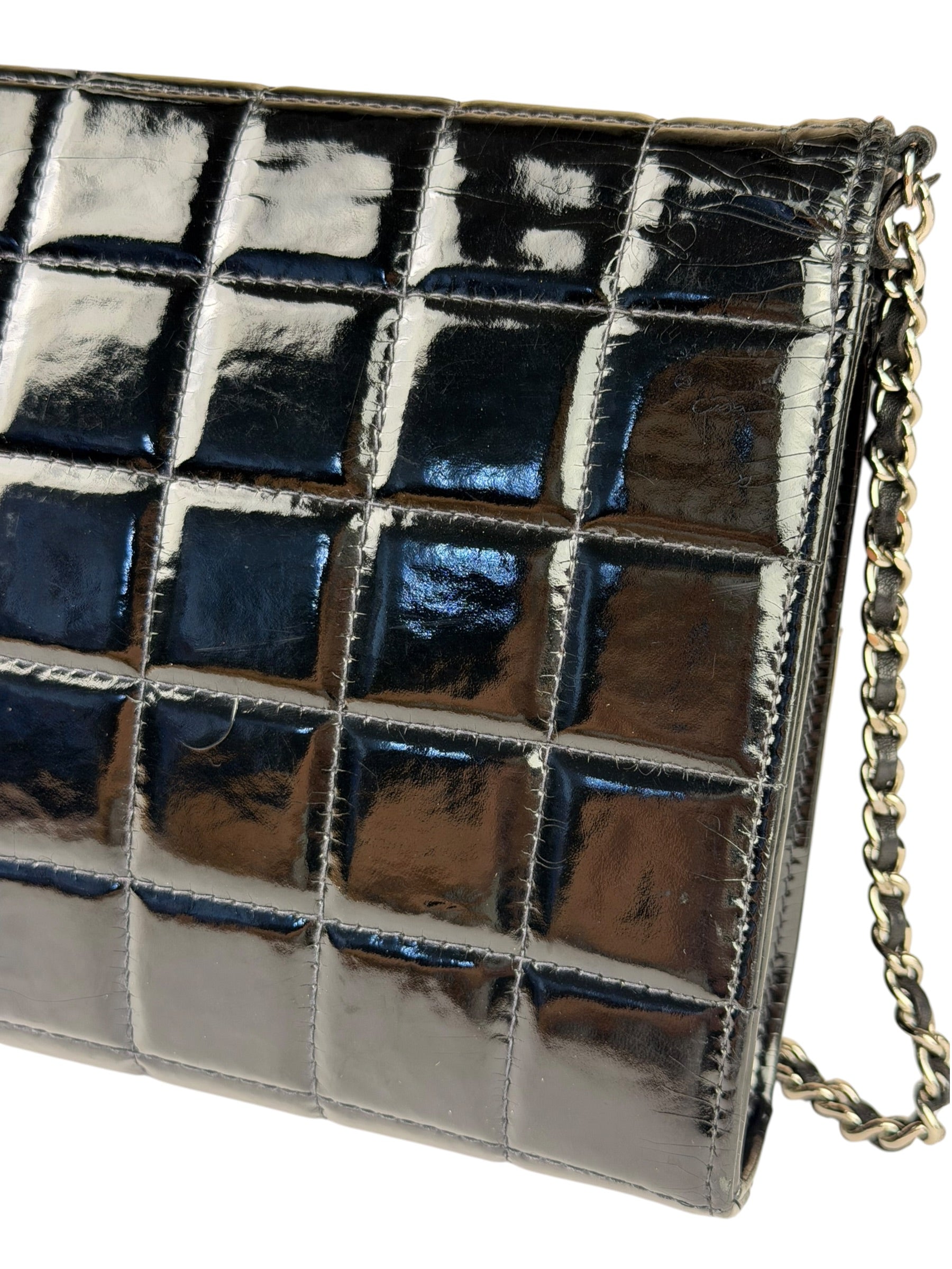 Chanel Black Patent Leather Chocolate Bar Flap Bag 2000