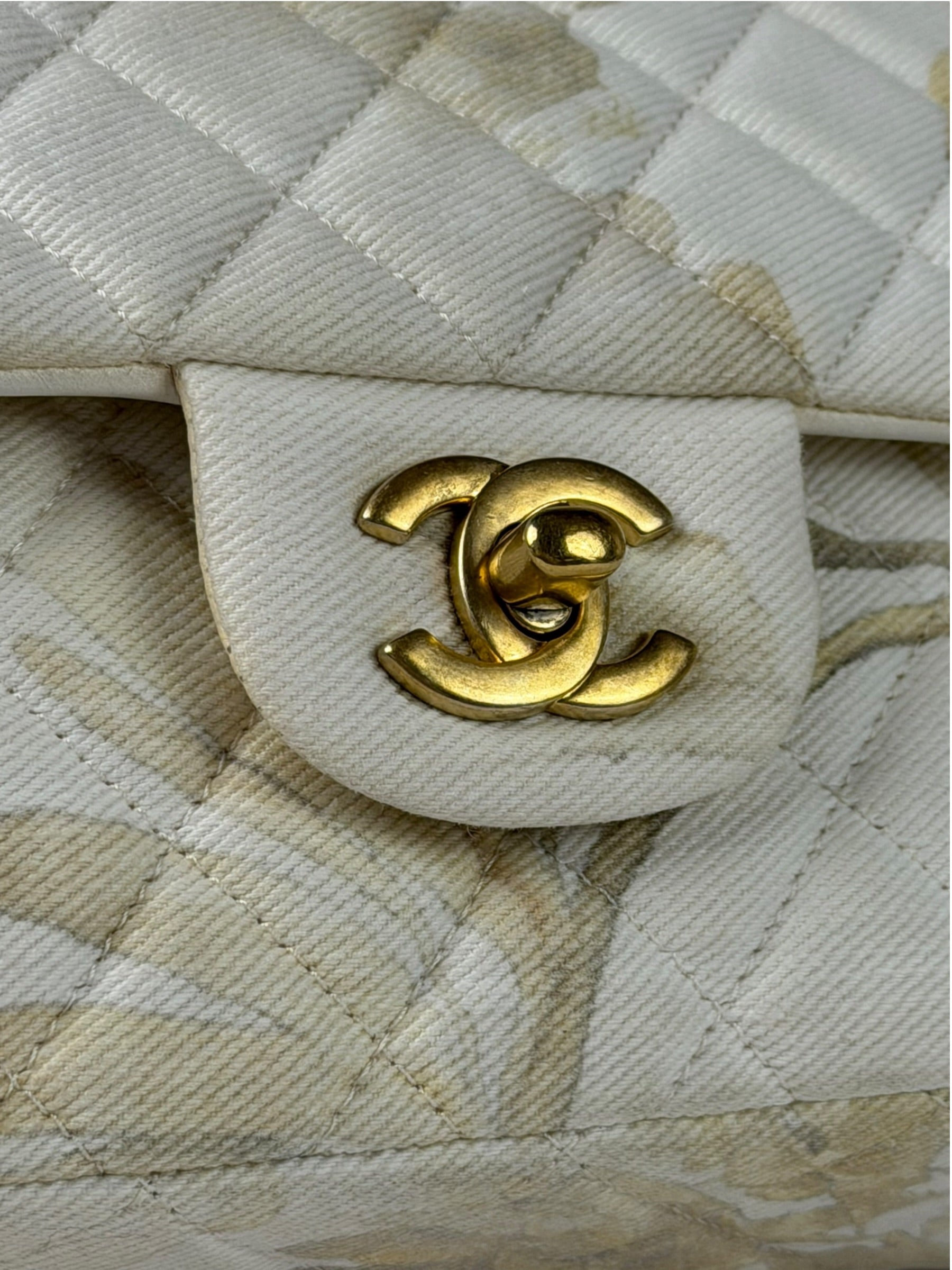 Chanel White Denim/Leather Trim Greek Collection Flower Double Flap Bag 2018