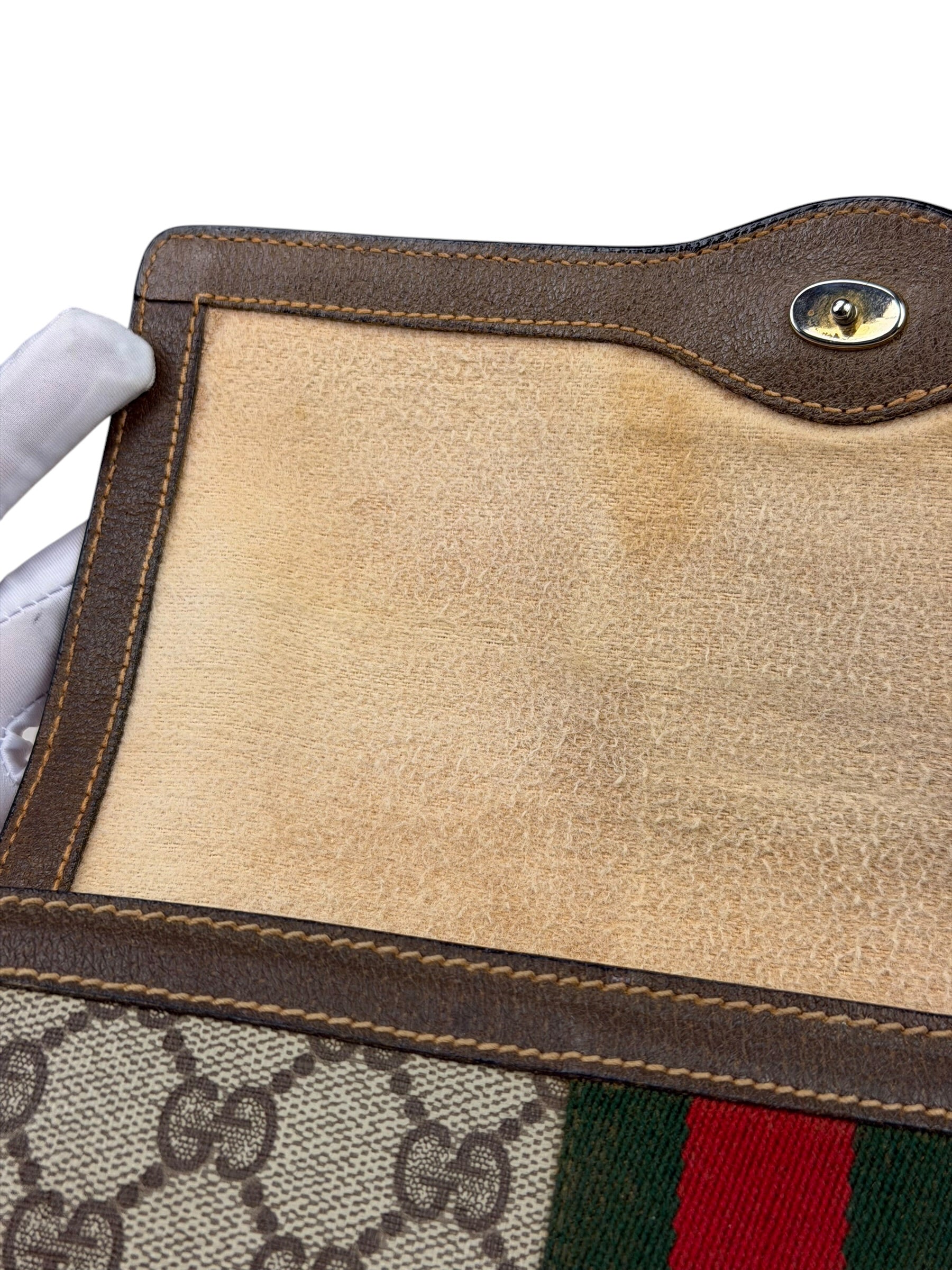 Gucci Brown Leather GG Supreme Web Stripe Clutch